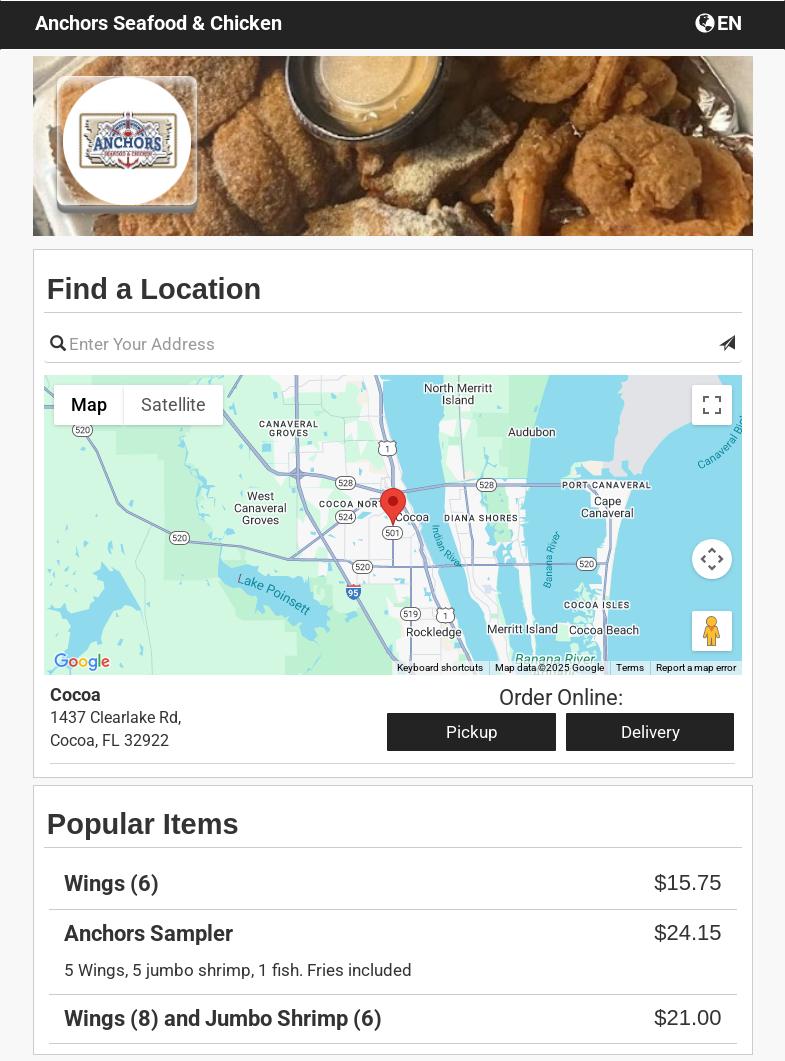 Anchors Seafood & Chicken Menu