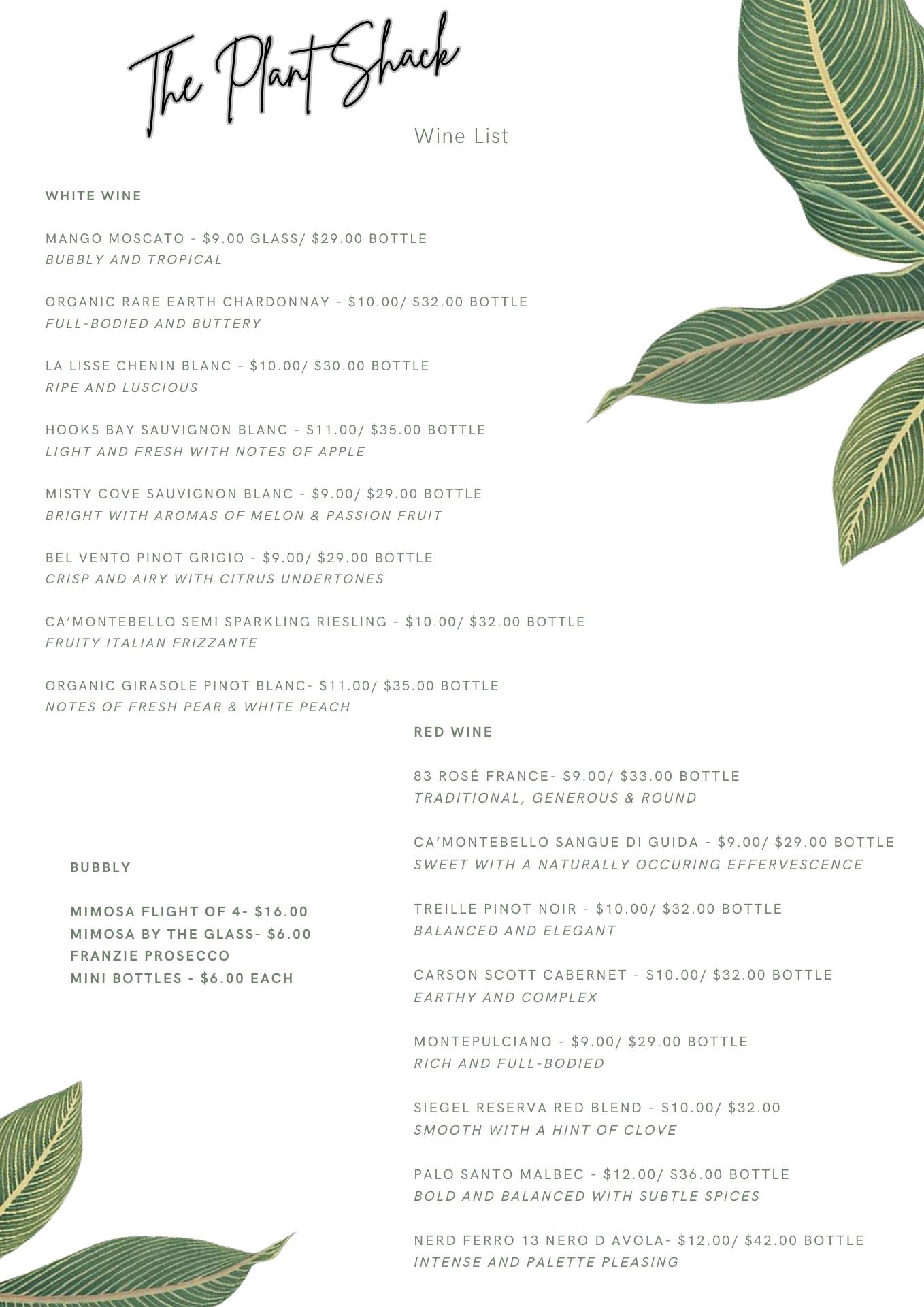 The Plant Shack Menu