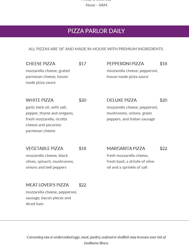Nectar Lounge (level 2 in Seminole Casino Coconut Creek) Menu