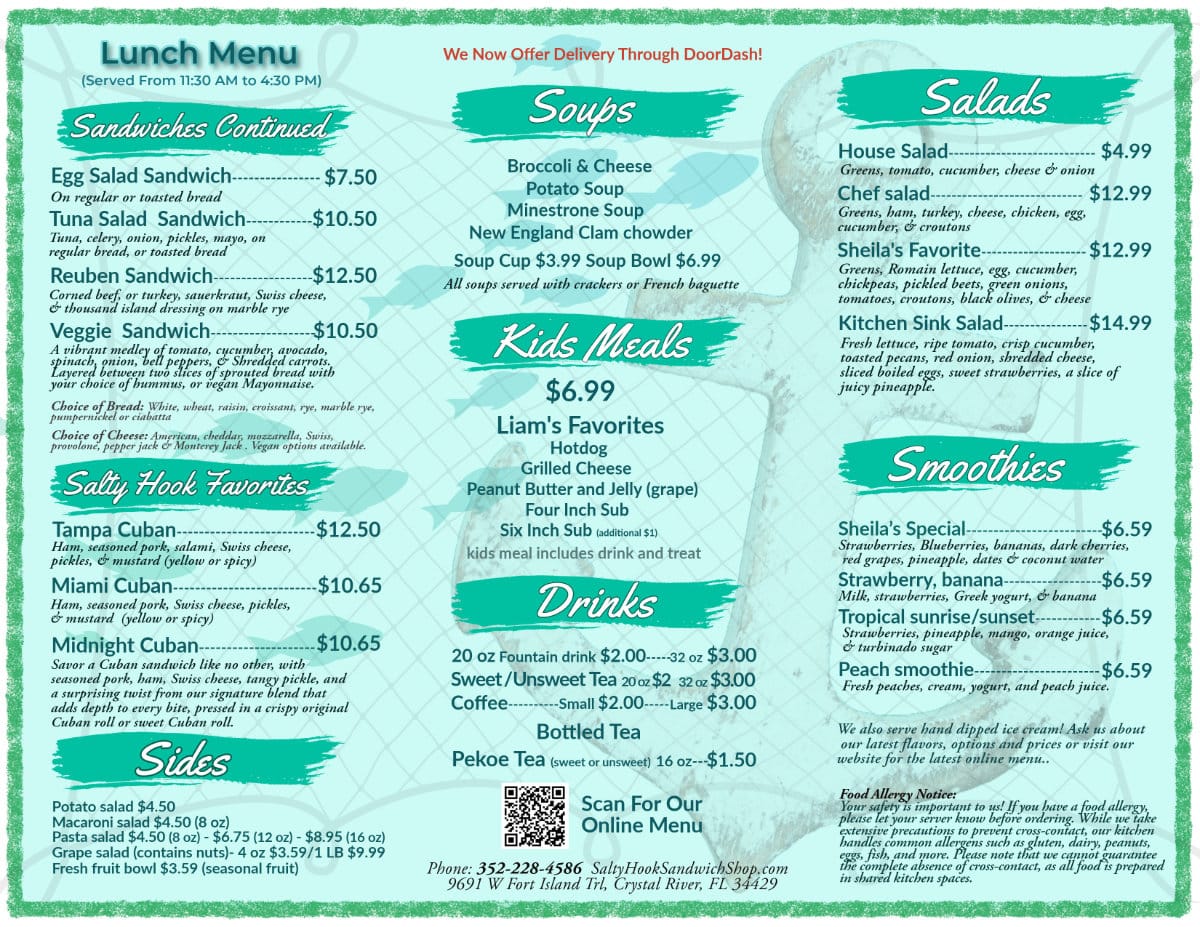 Salty Hook Sandwich Shop Menu
