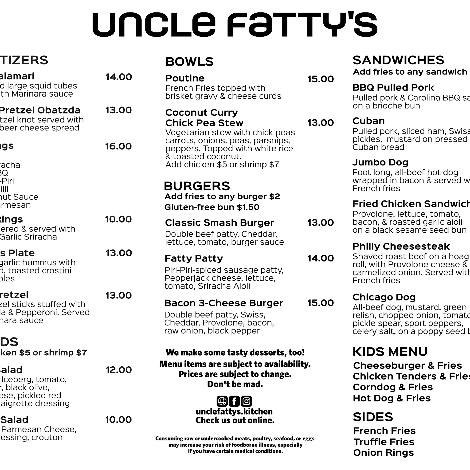 Uncle Fatty's Menu
