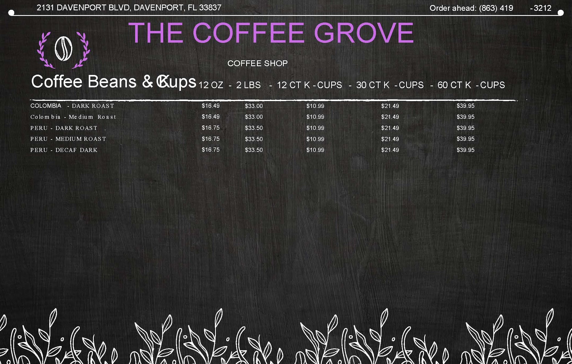 The Coffee Grove Corp Menu