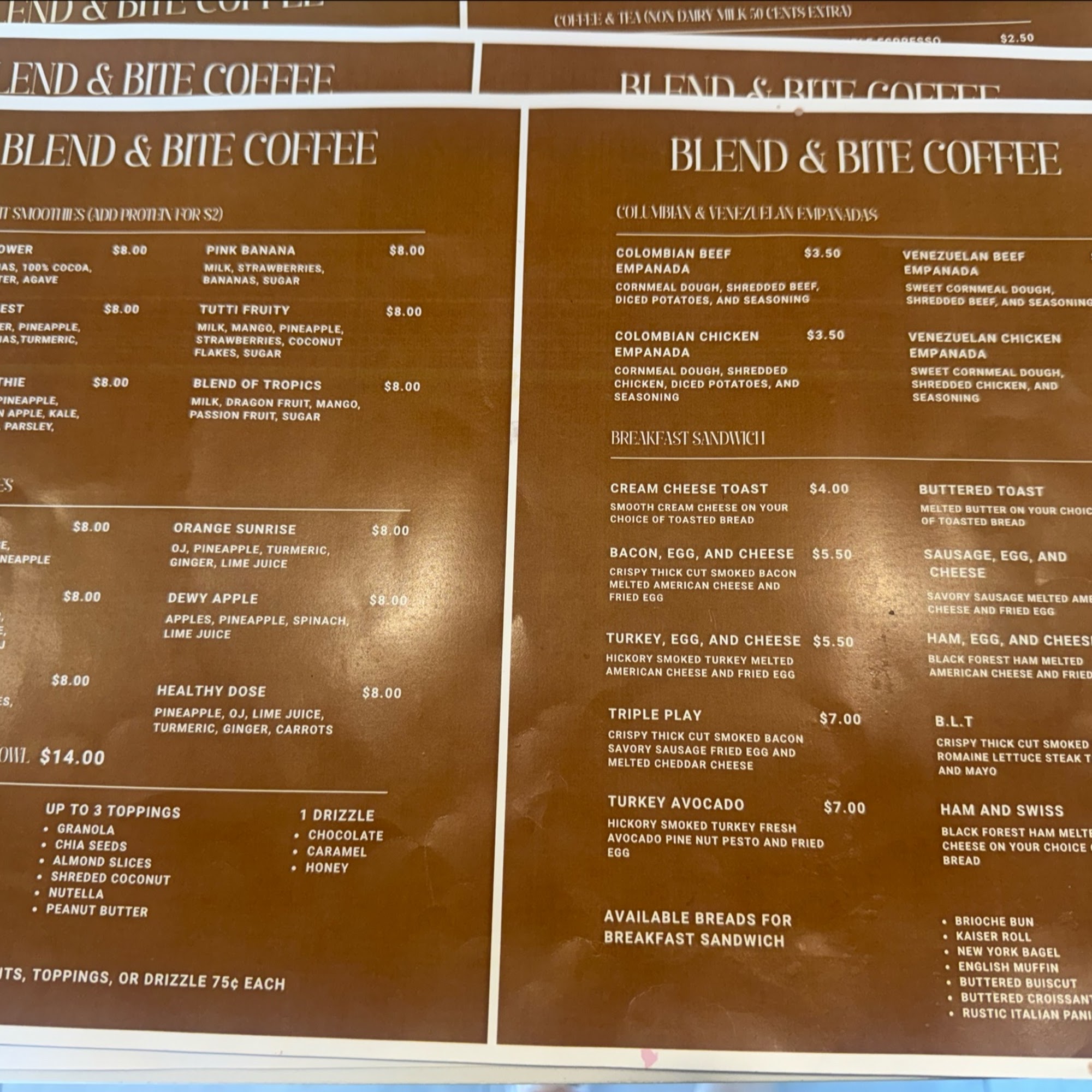 Blend and Bite Coffee and Smoothie Menu