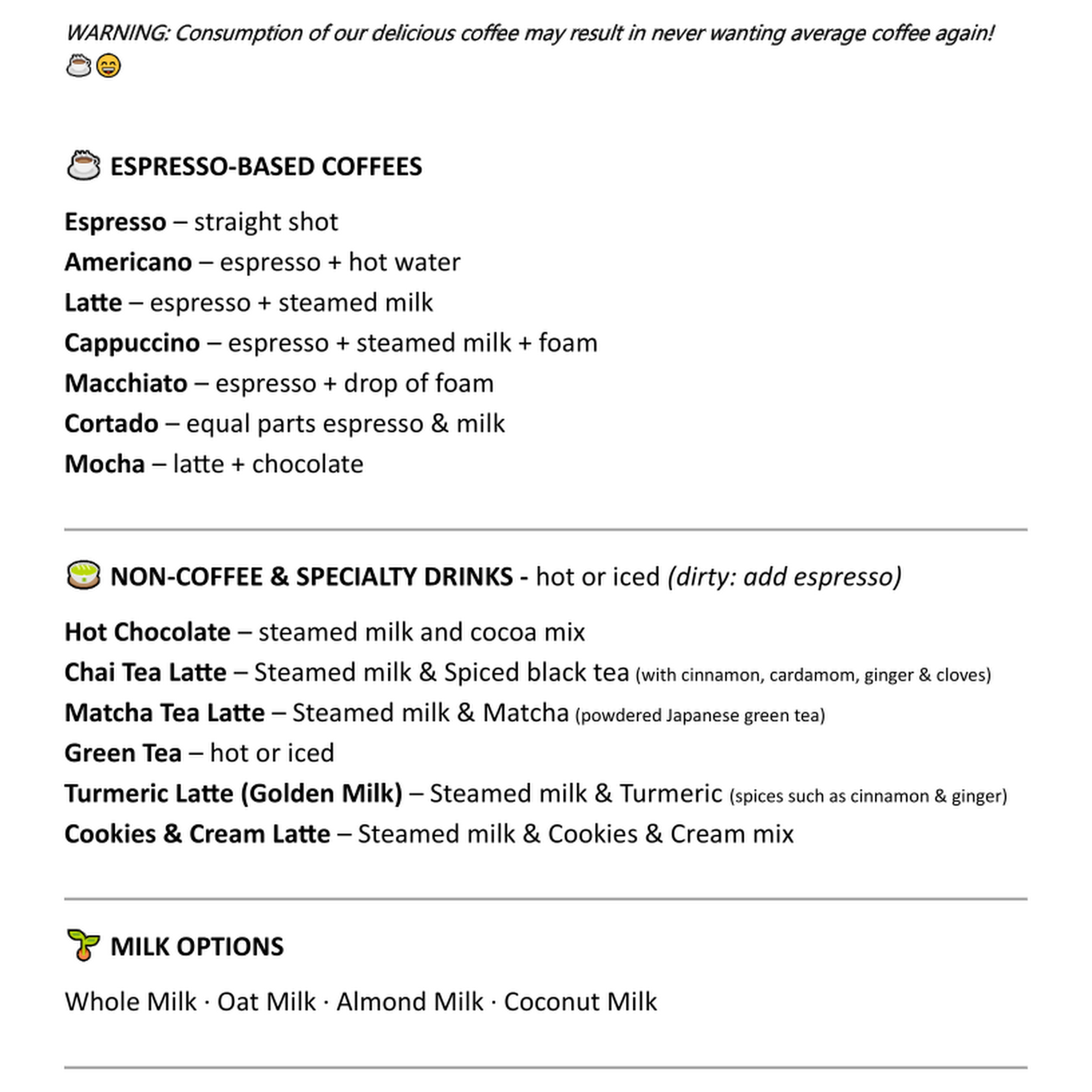 Enticing Coffee Menu