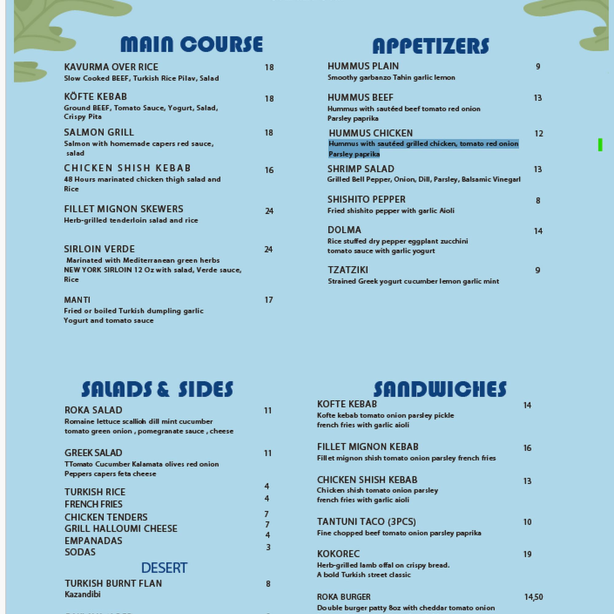 ROKA TURKISH CUISINE Menu