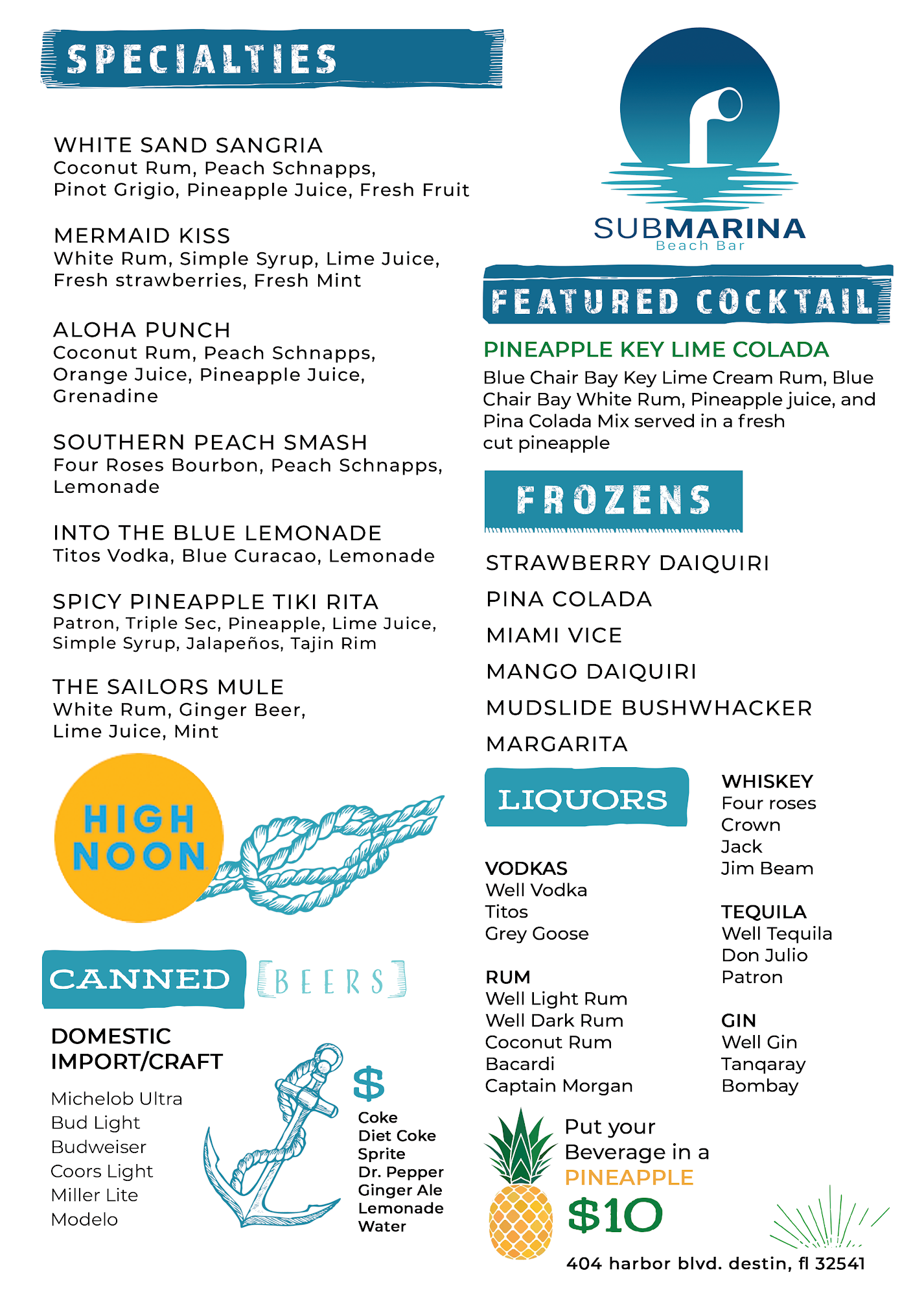 Submarina Beach Bar Menu
