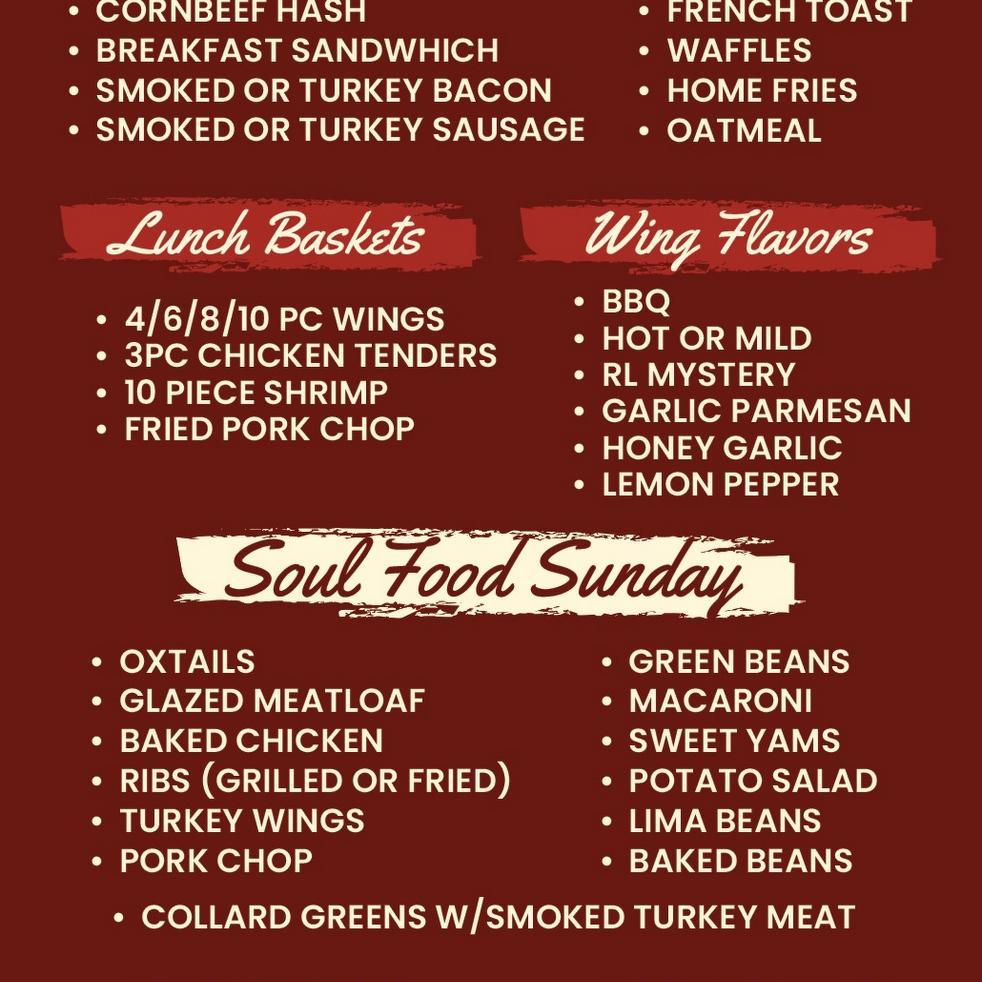 Reathers lane cafe llc Menu