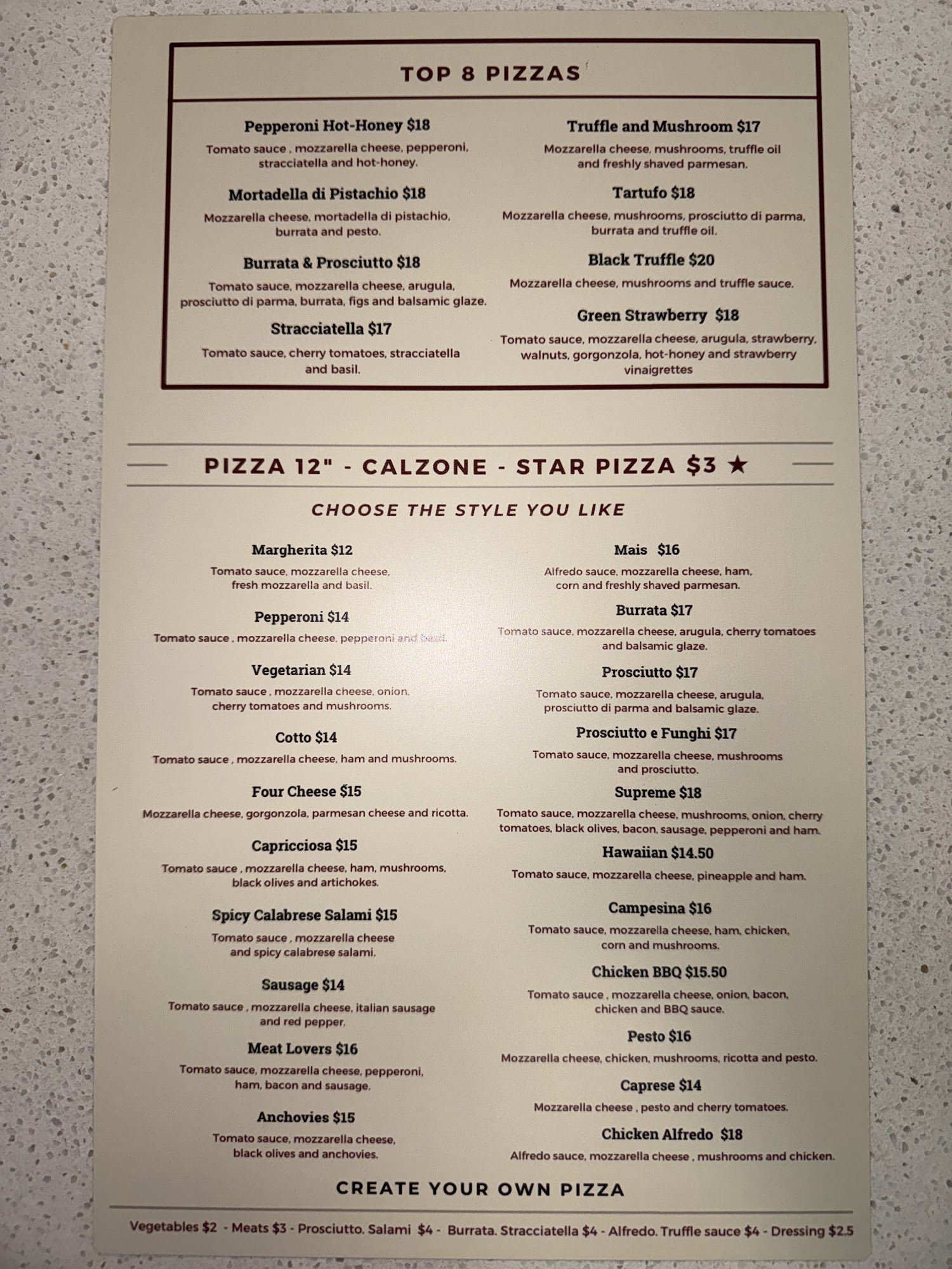 Piacere Wood Fired Pizza Menu