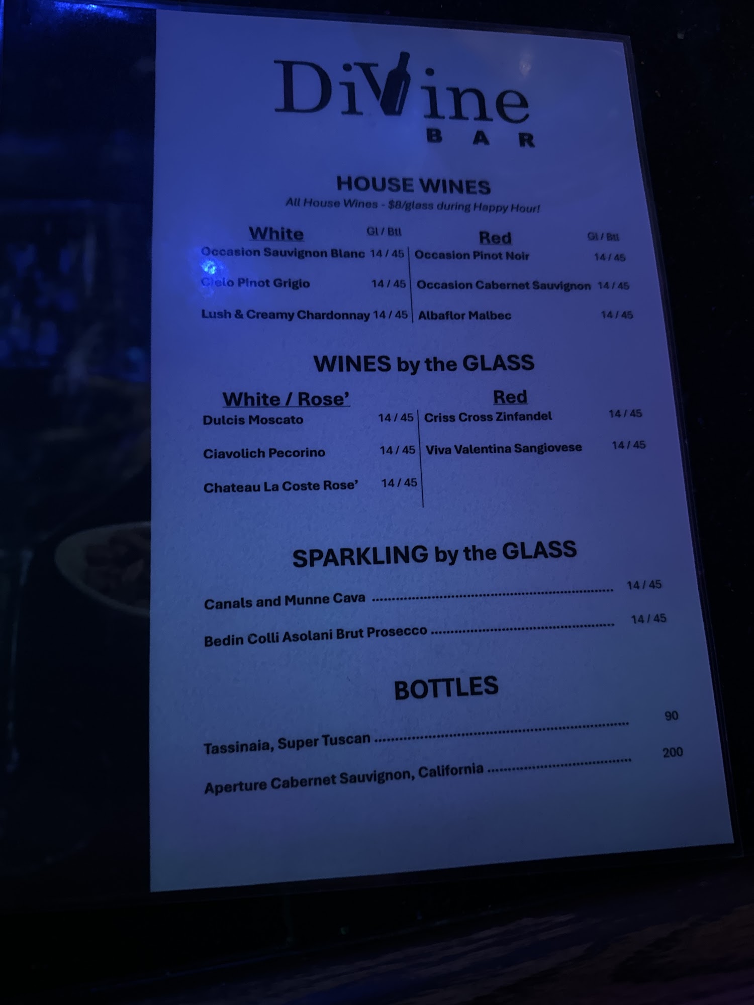 Divine Bar Menu