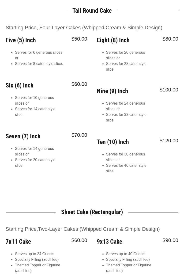 Superb Cakes, LLC. Menu