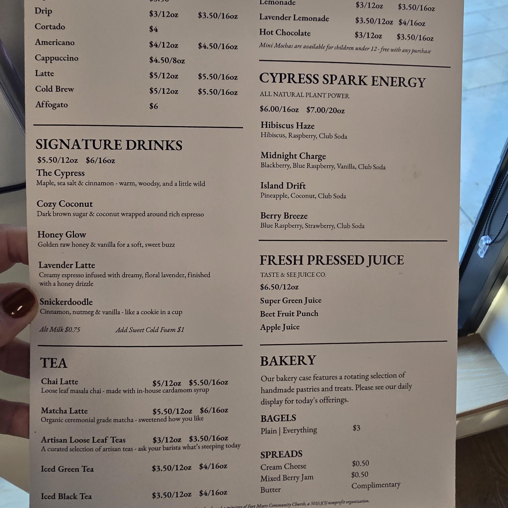 The Cypress Coffeehouse Menu