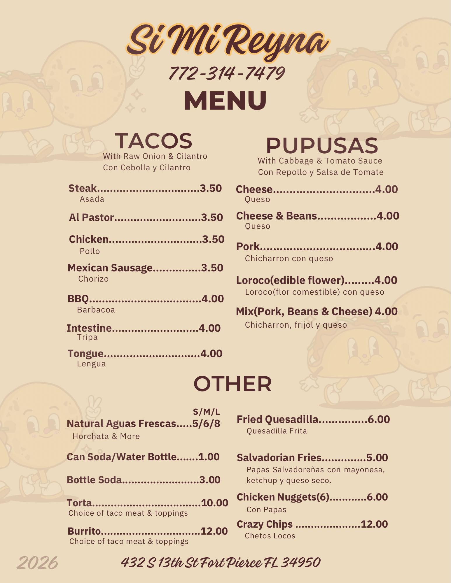 Si Mi Reyna Antojitos Menu