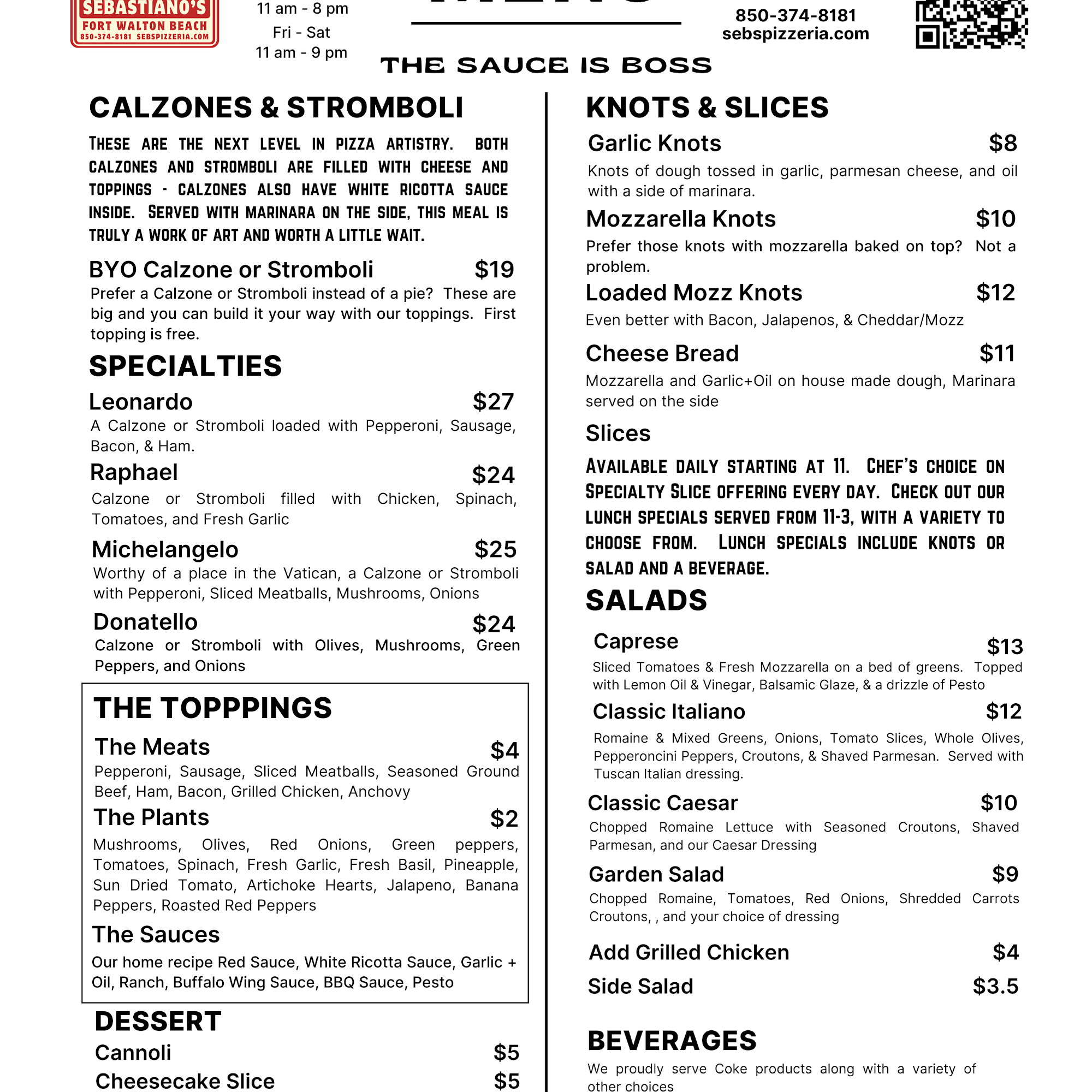 Sebastiano's Pizza Menu