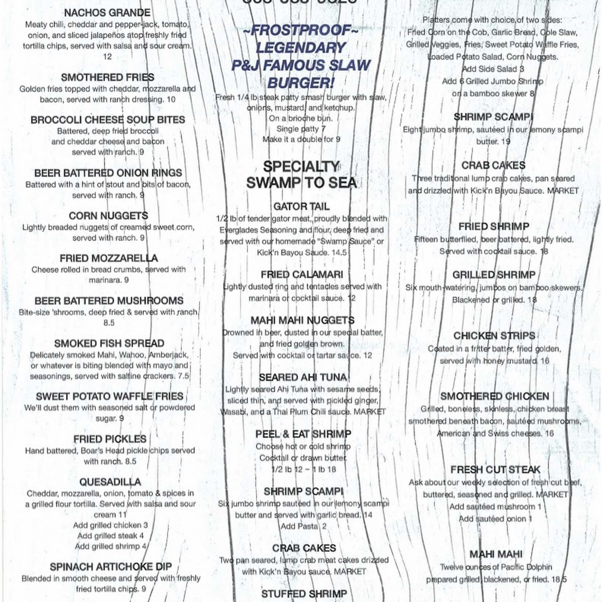 The Scenic Lagoon Saloon Menu