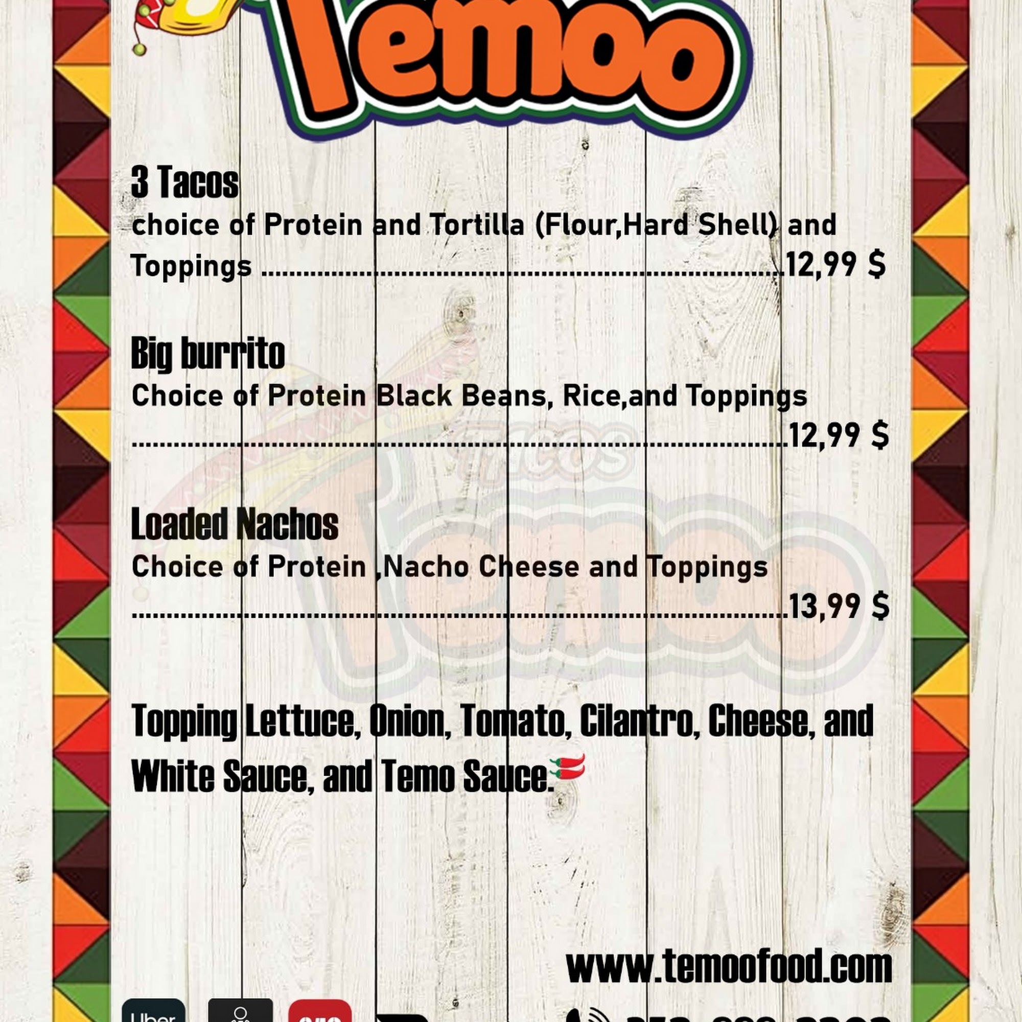 Temoo seafood wings and subs Menu