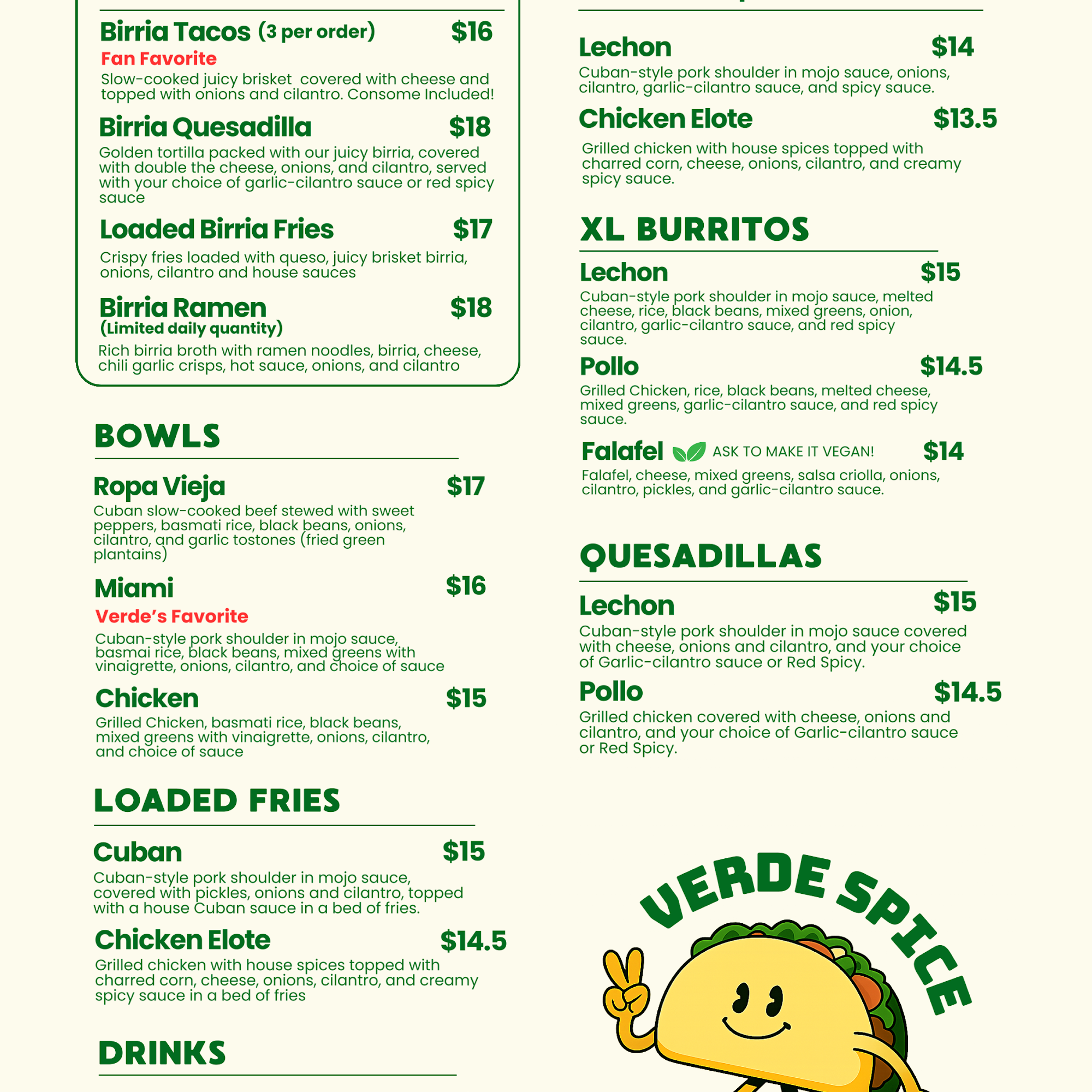 Verde Spice Menu
