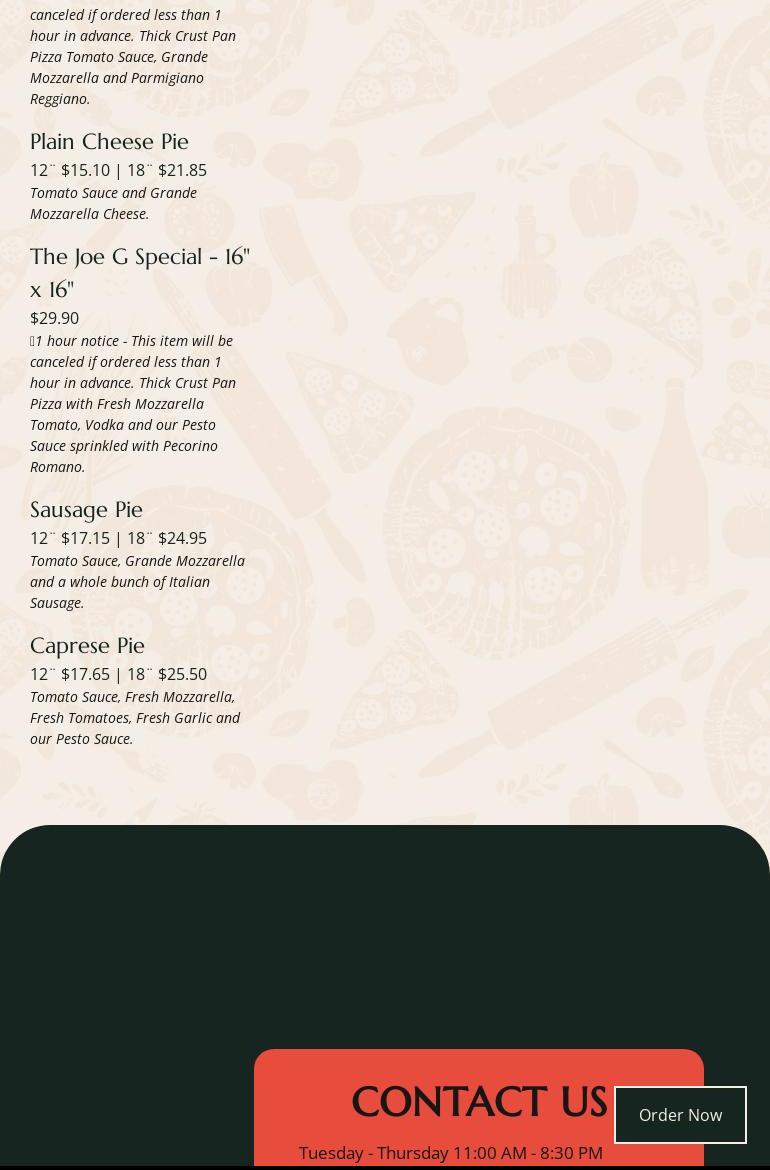 Zio Joe’s Pizza Menu