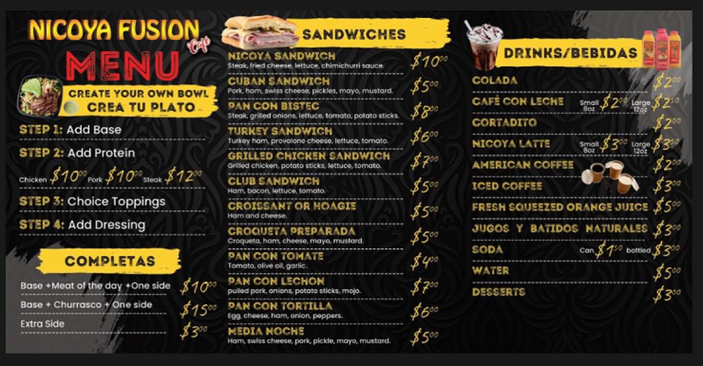 Nicoya Fusion Cafe Menu