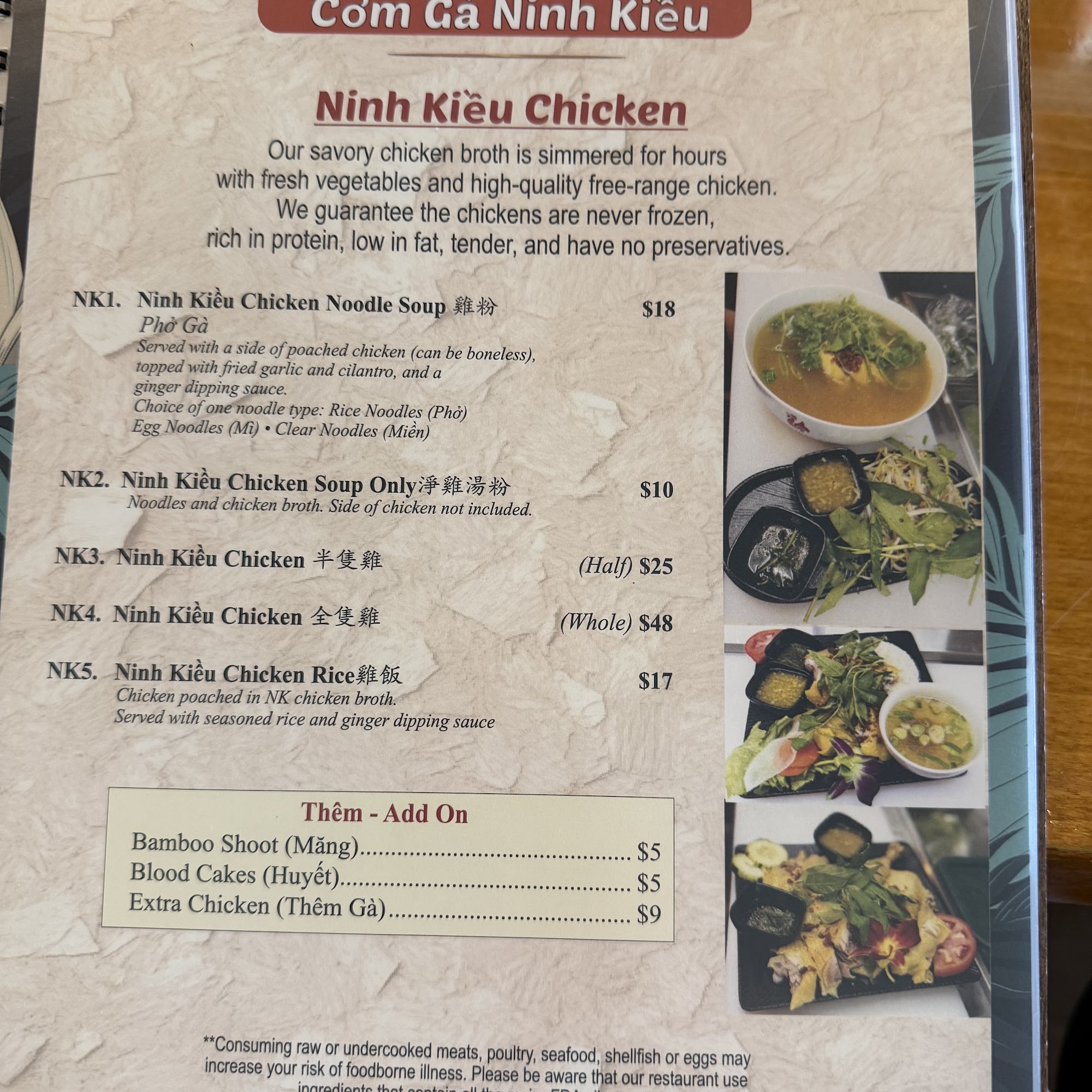 NK Viet Kitchen- Cơm Gà Ninh Kiều Menu