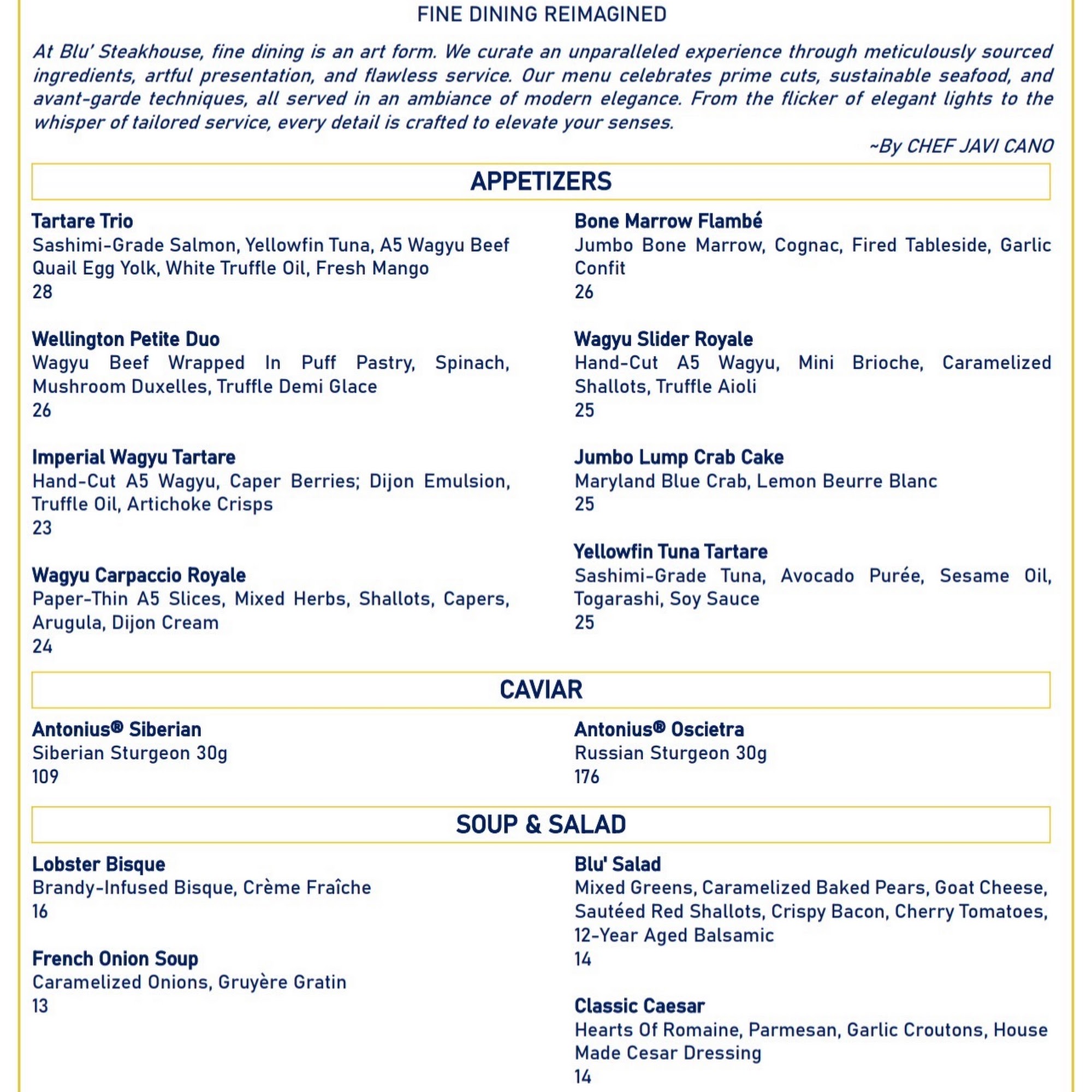 Blu’ Steakhouse Menu