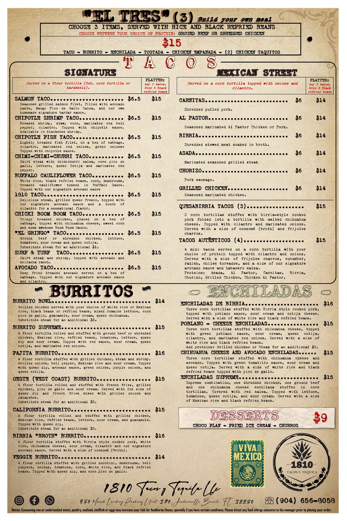 1810 Tacos y Tequila Menu