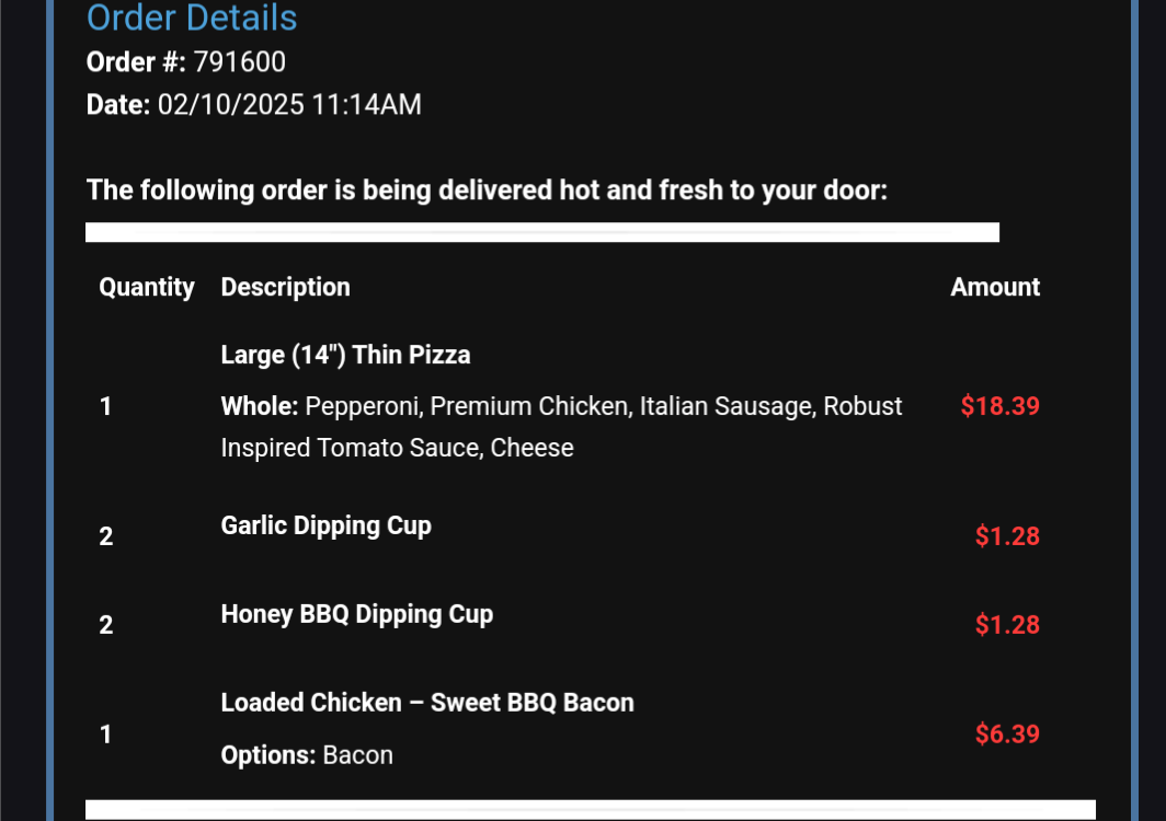 Domino's Pizza Menu