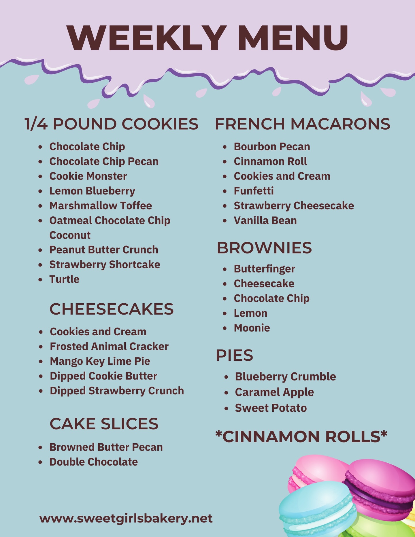 Sweet Girl's Bakery Menu
