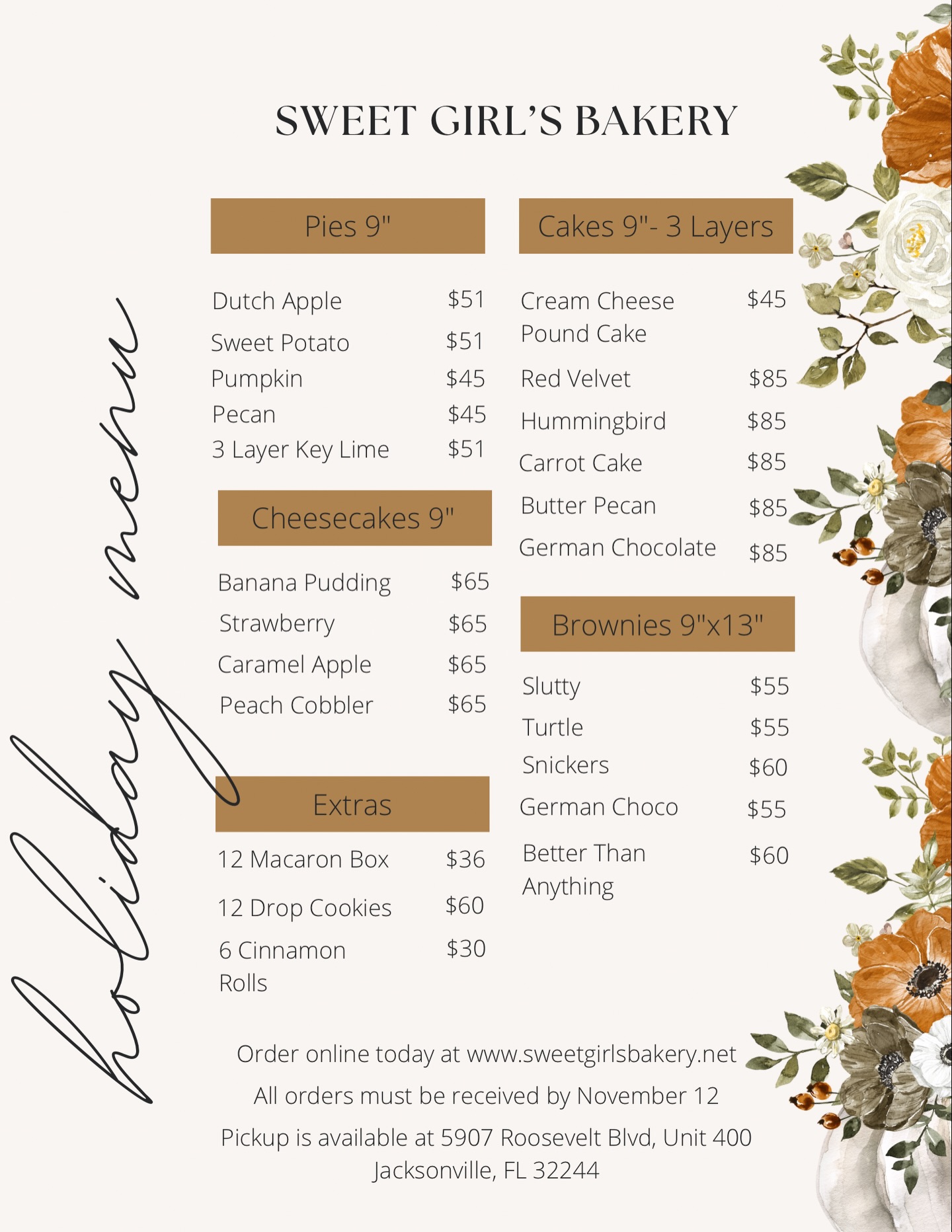 Sweet Girl's Bakery Menu