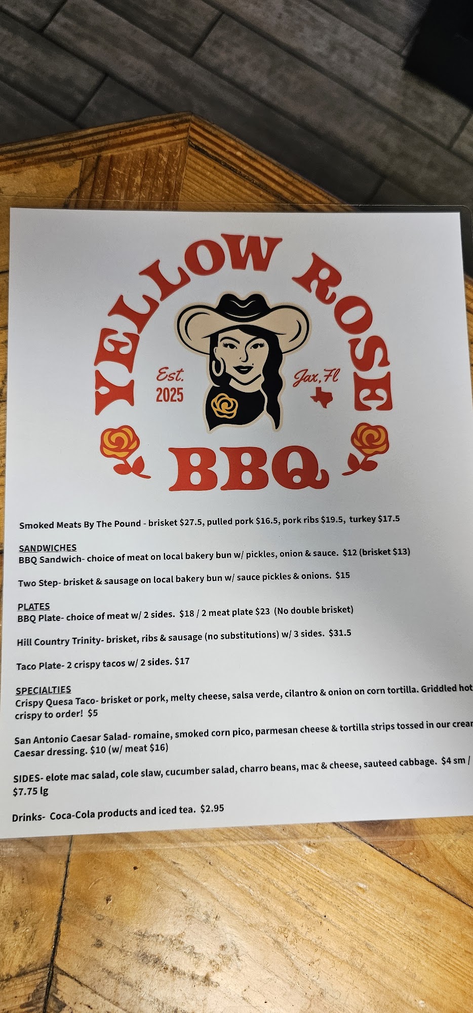 Yellow Rose BBQ Menu