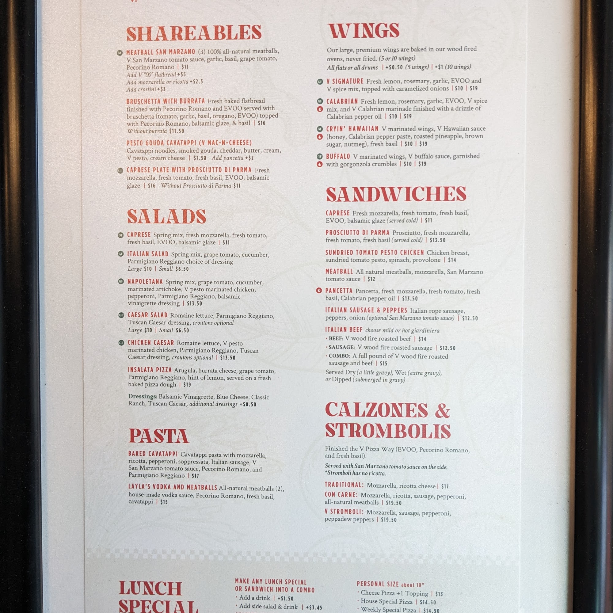 V Pizza + Sidecar Menu