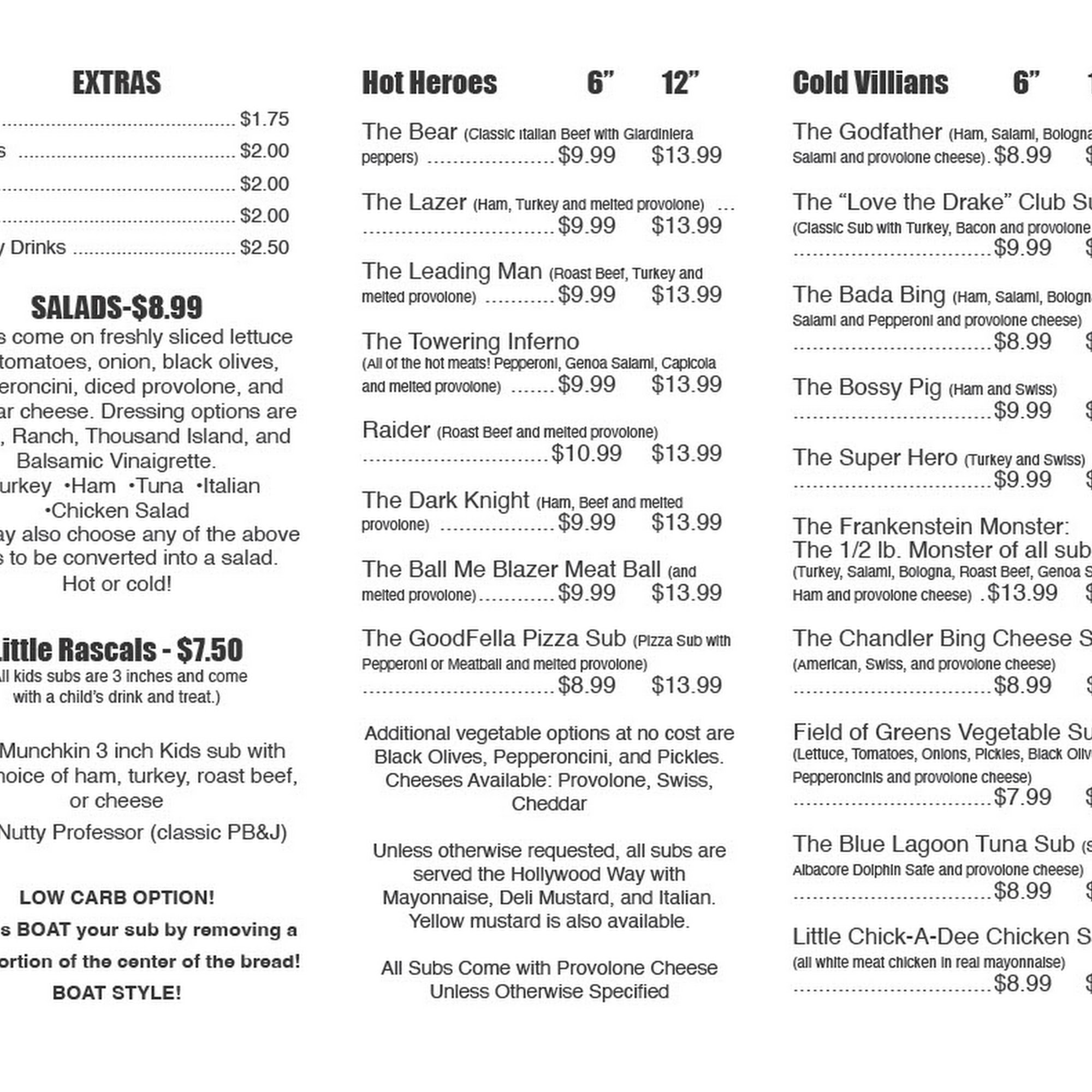Hollywood Heroes and Subs Menu
