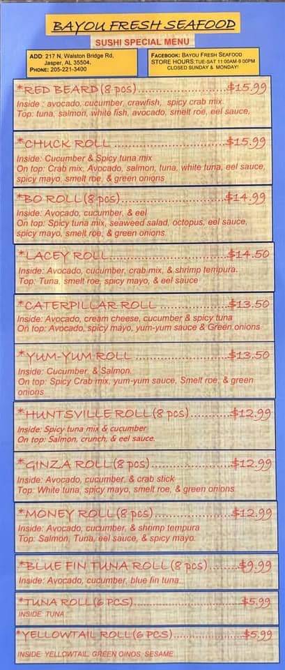 Bayou Fresh Seafood Menu