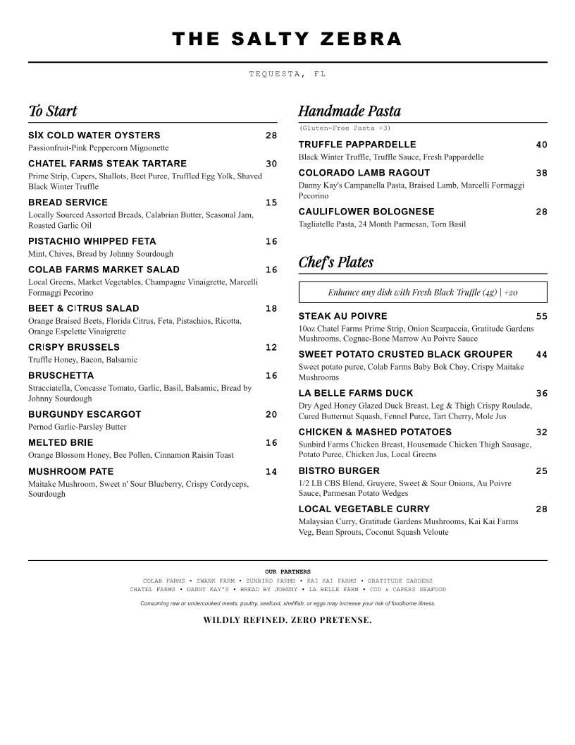 The Salty Zebra Menu