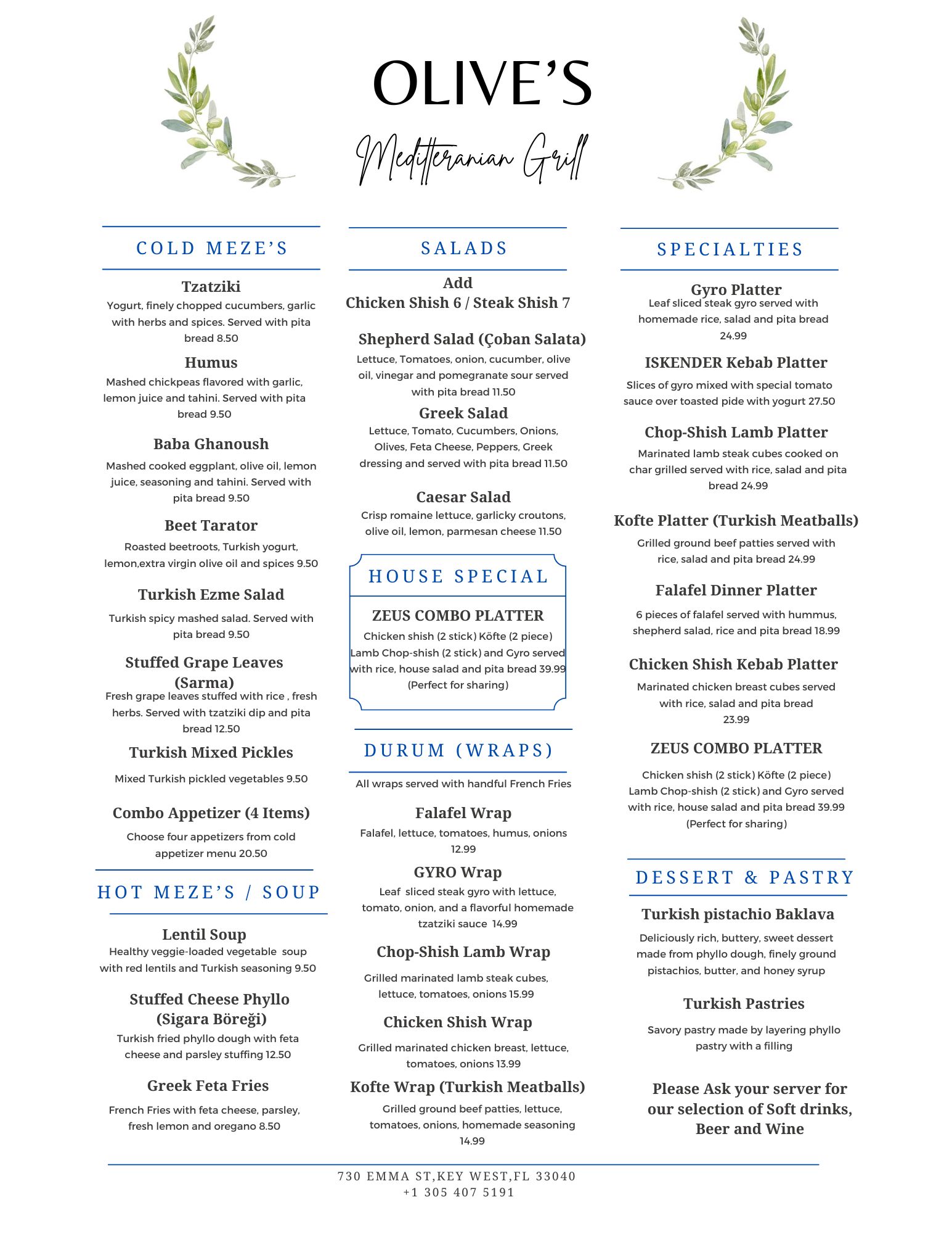 Olives Mediterranean Grill Key West Menu