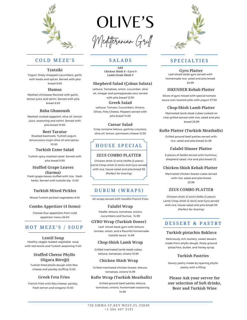 Olives Mediterranean Grill Key West Menu