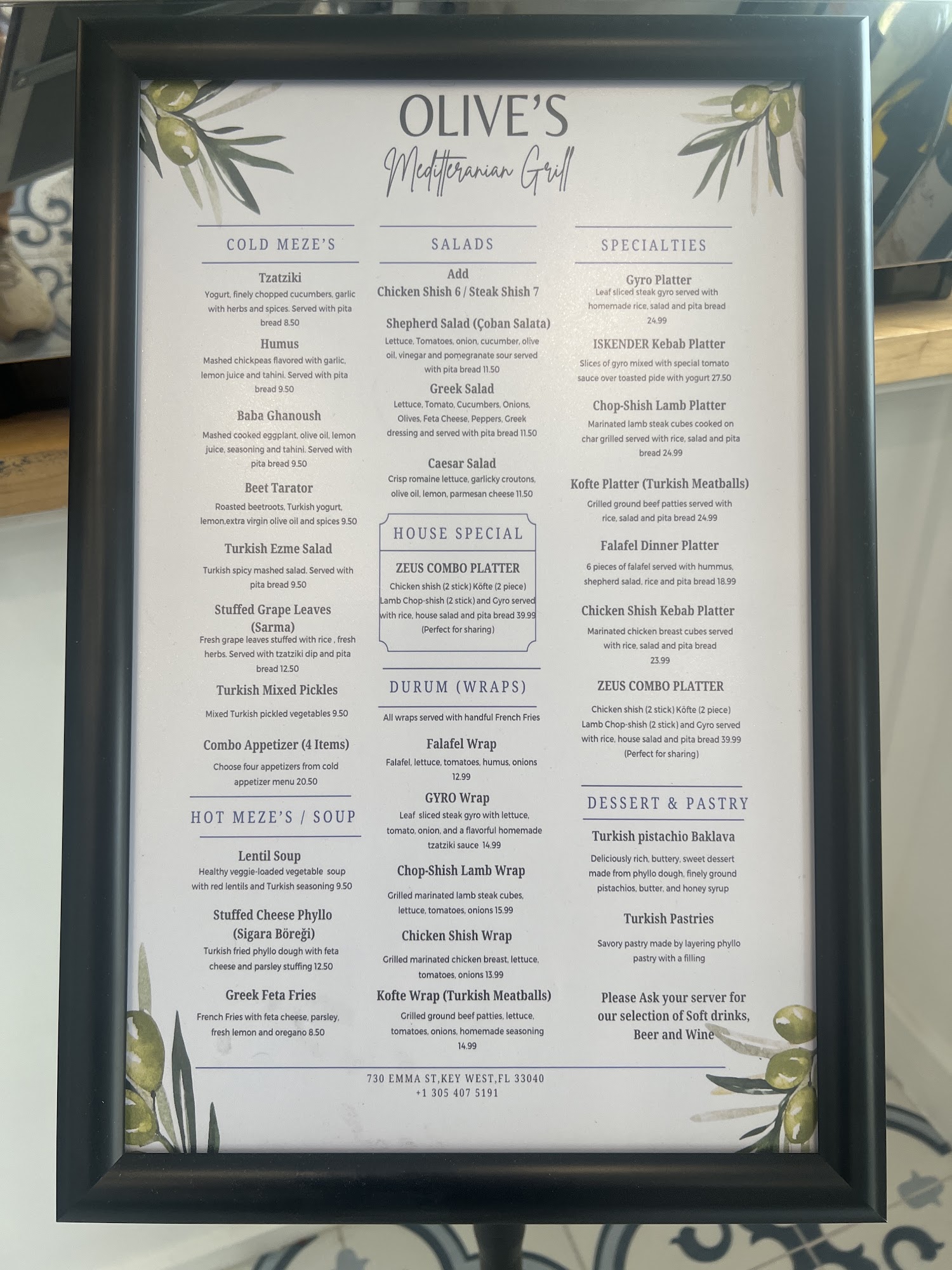 Olives Mediterranean Grill Key West Menu