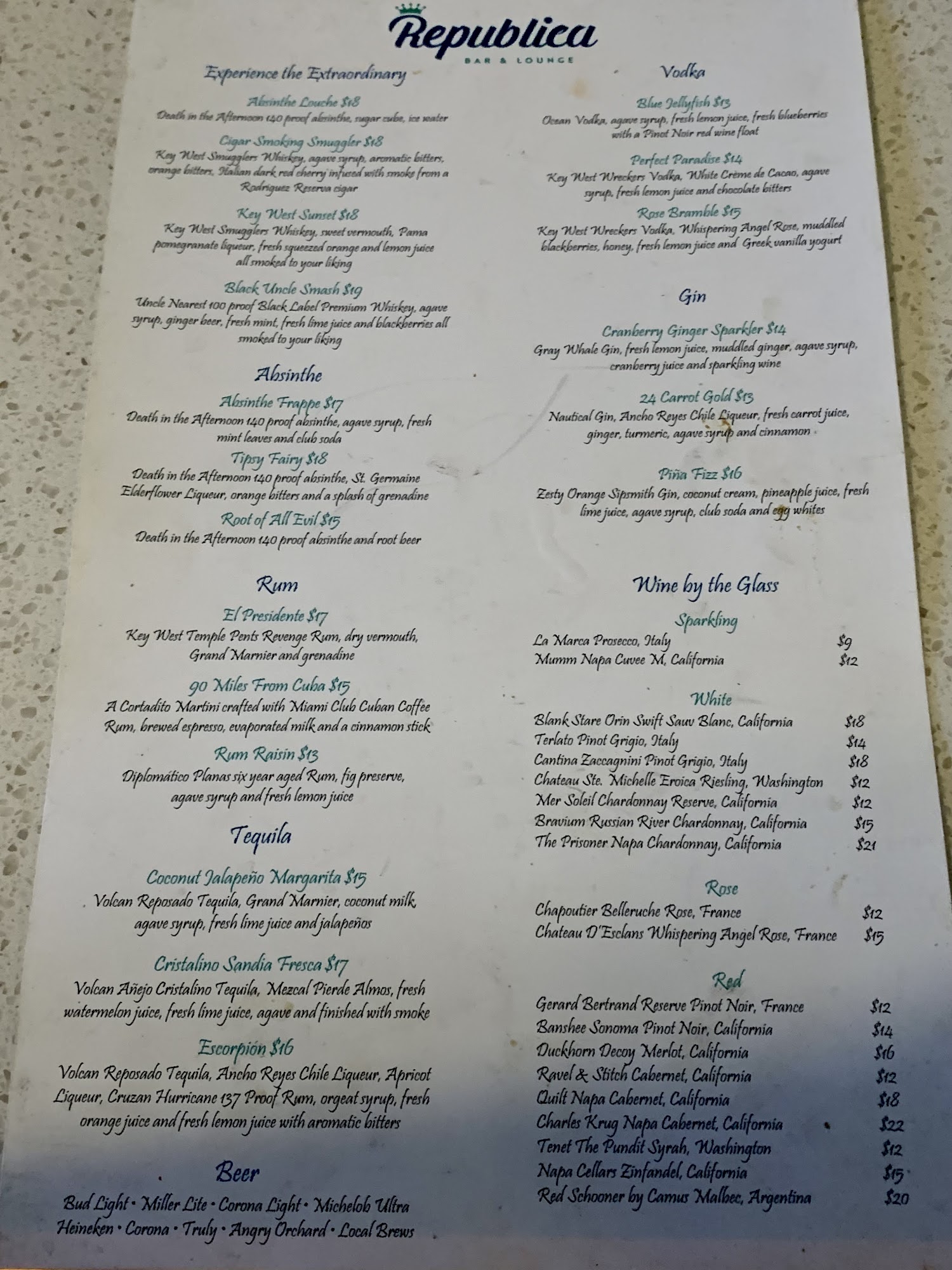 Republica Bar & Lounge Menu