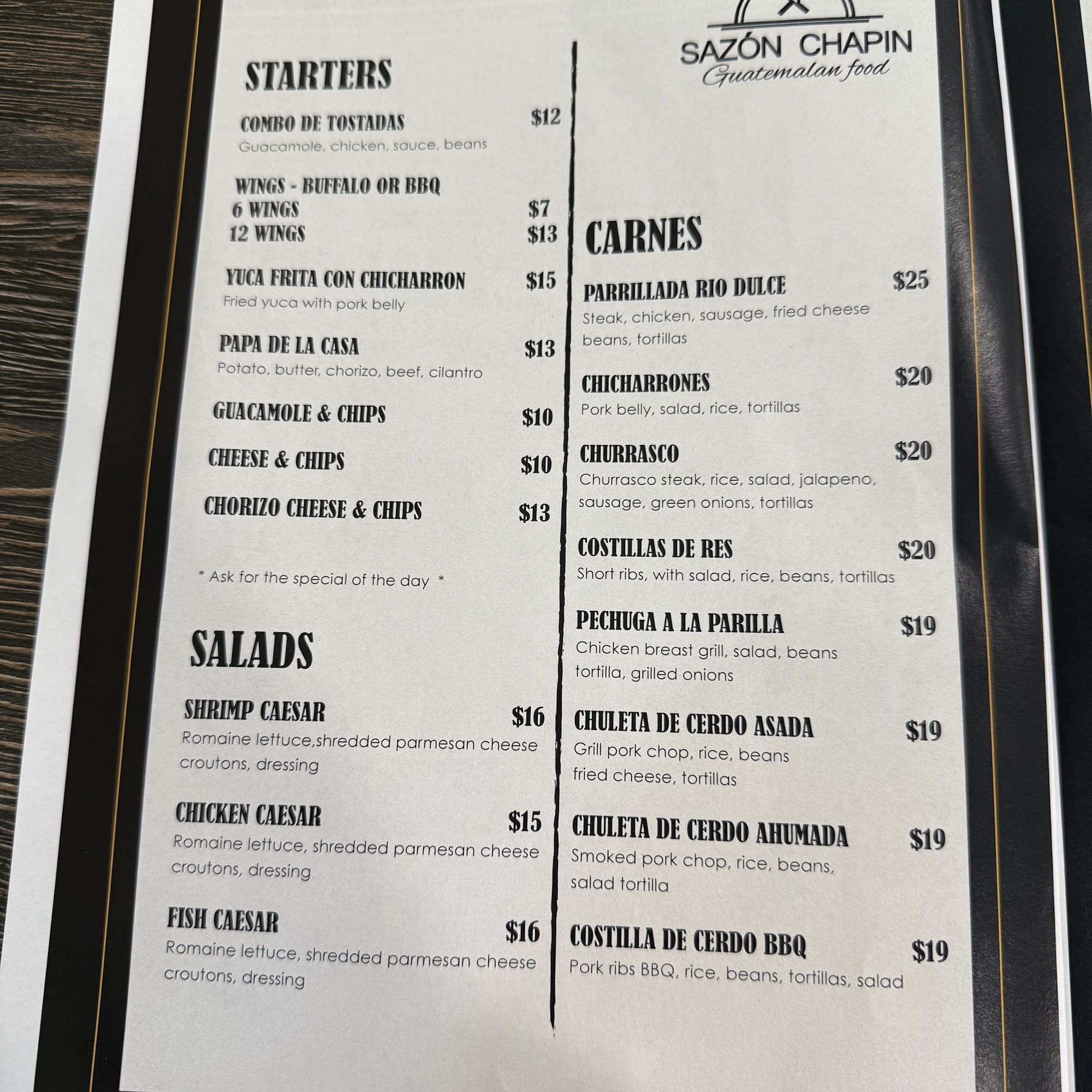 Sazon Chapin Guatemalan Restaurant Menu