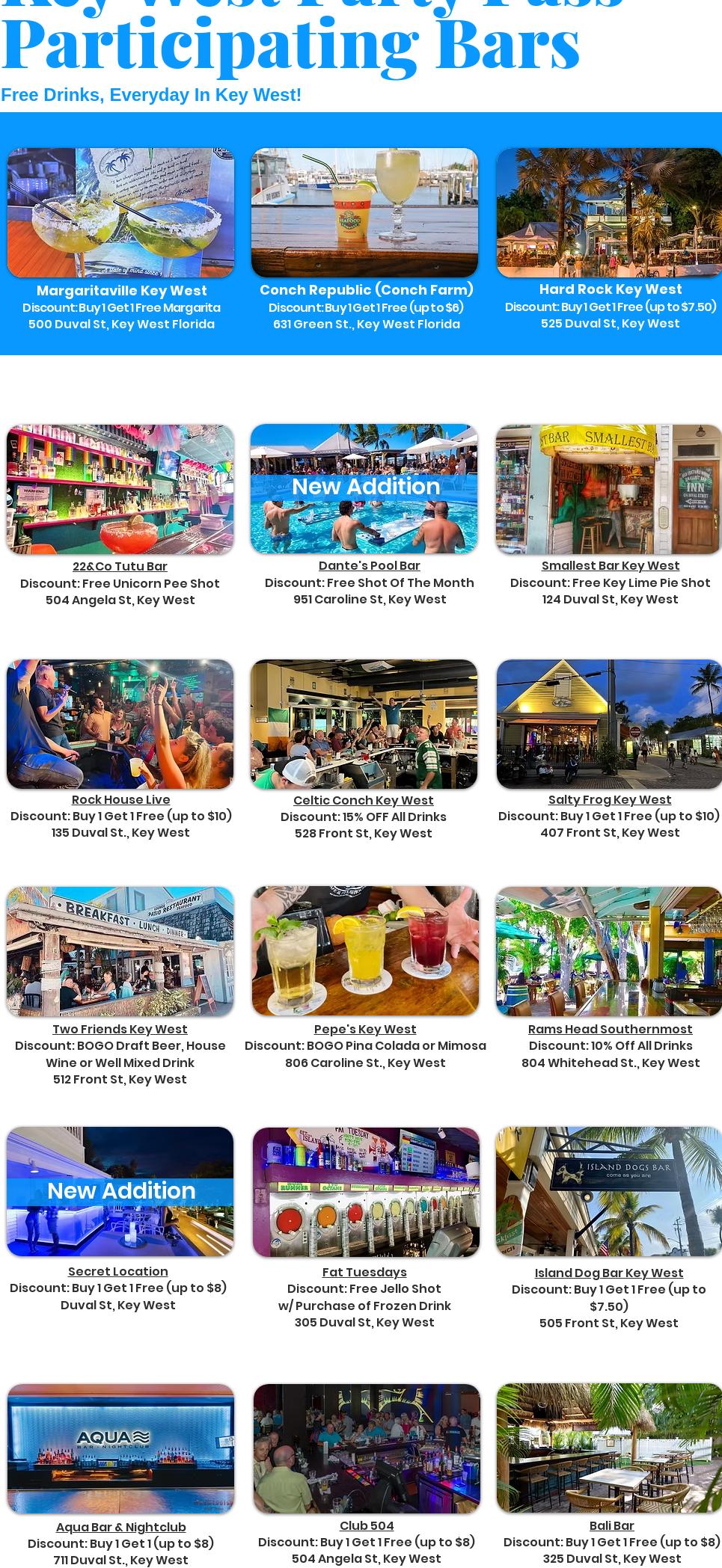 Party Pass Key West Menu