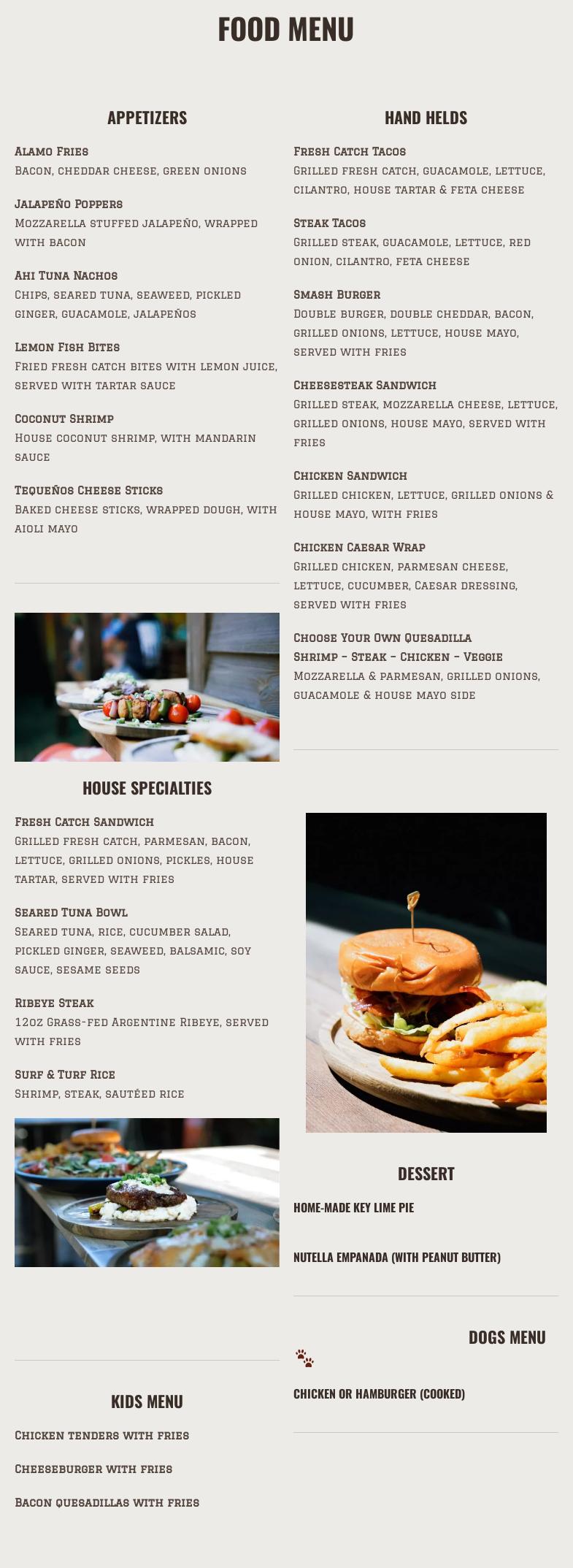 The Alamo Key West Menu