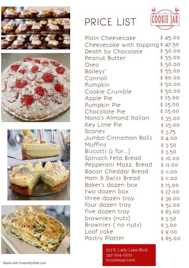 Red Rooster Cookie Jar LLC Menu