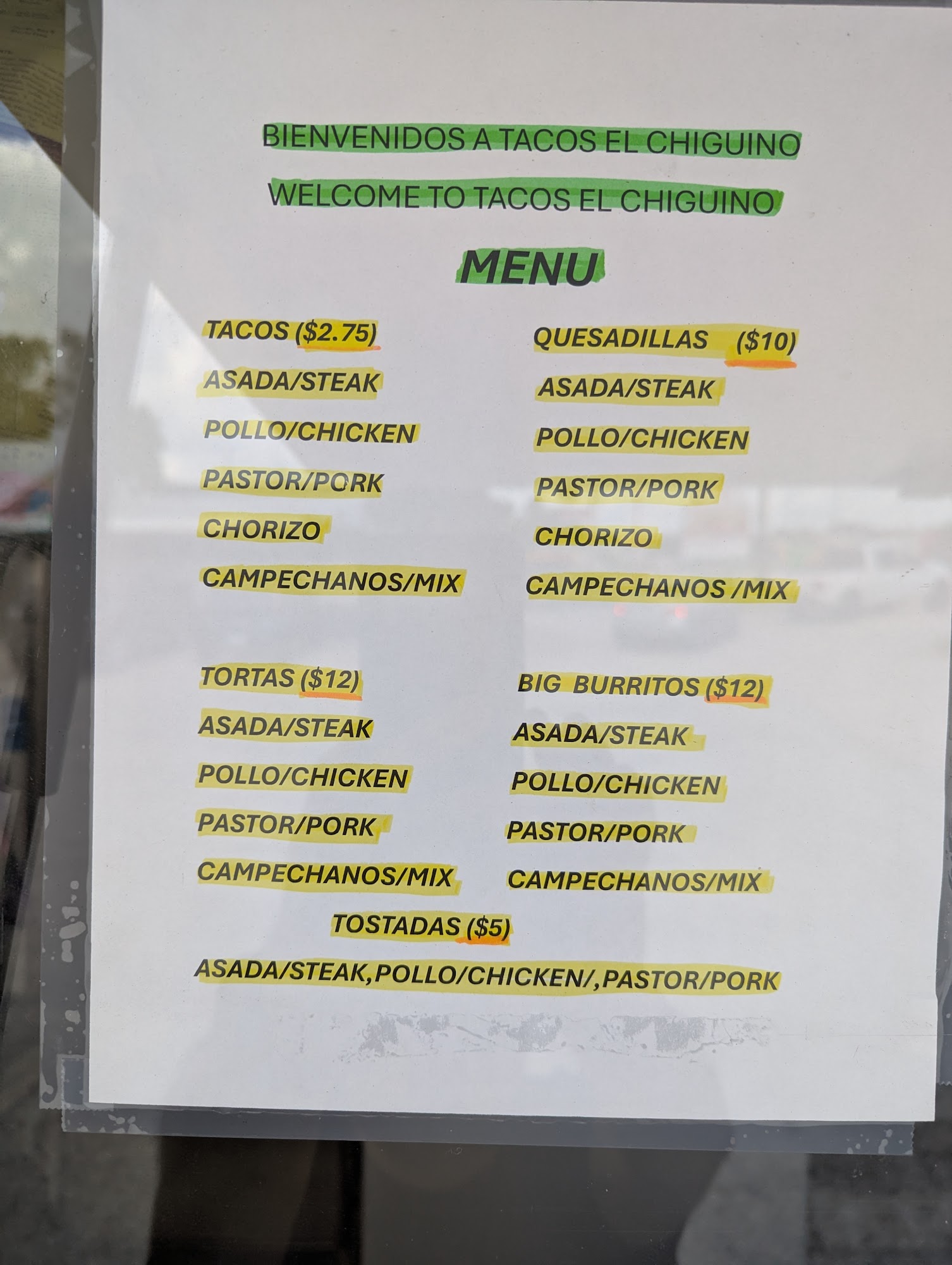 Tacos El Chiguino Menu