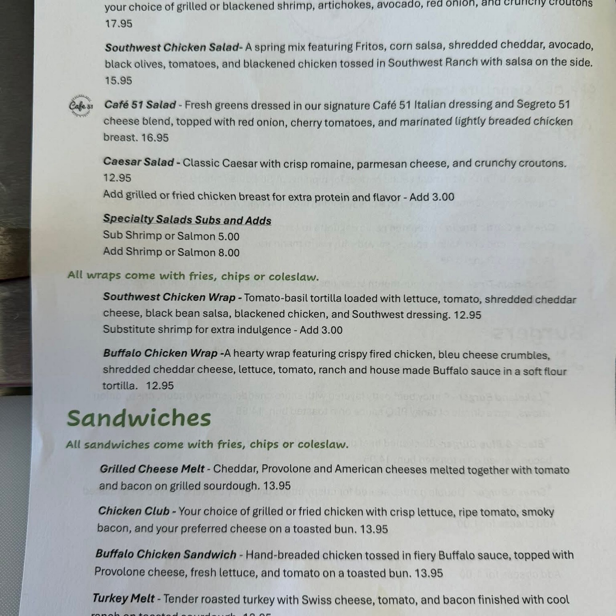 Cafe 51 Lakeland Menu