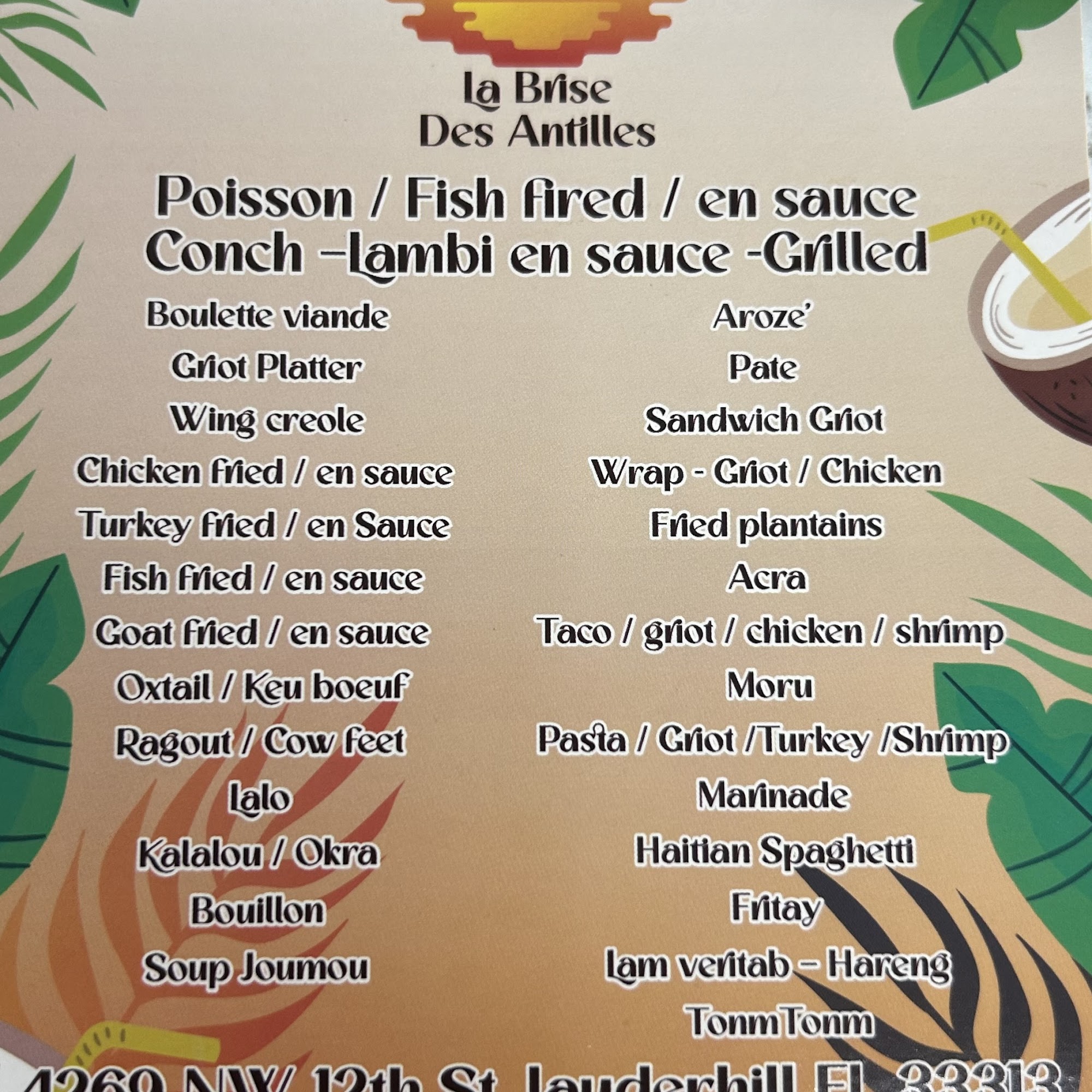 La Brise Des Antilles Restaurant Menu