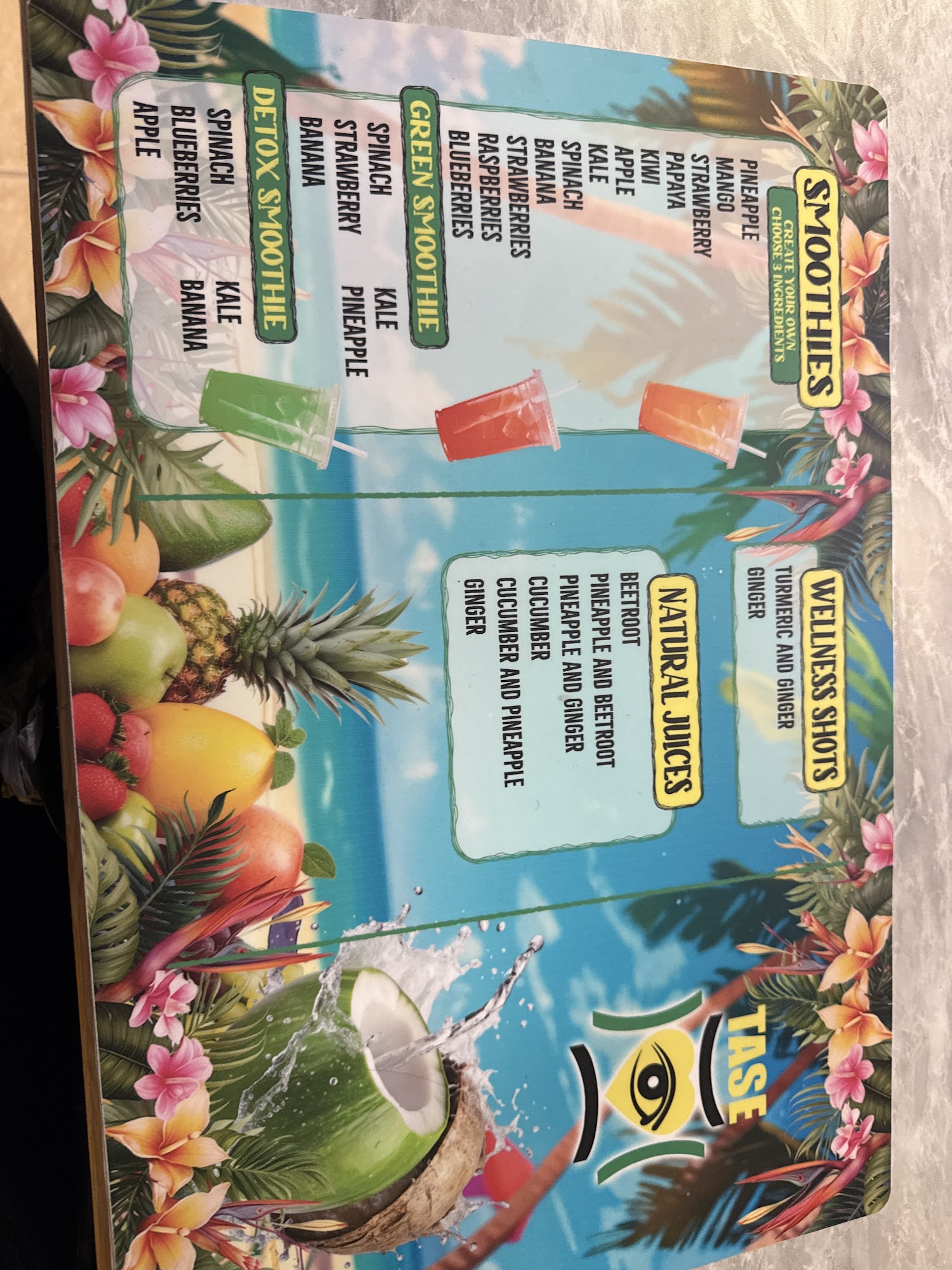 Tase: Smoothie, Sugar Cane & Coconut Menu