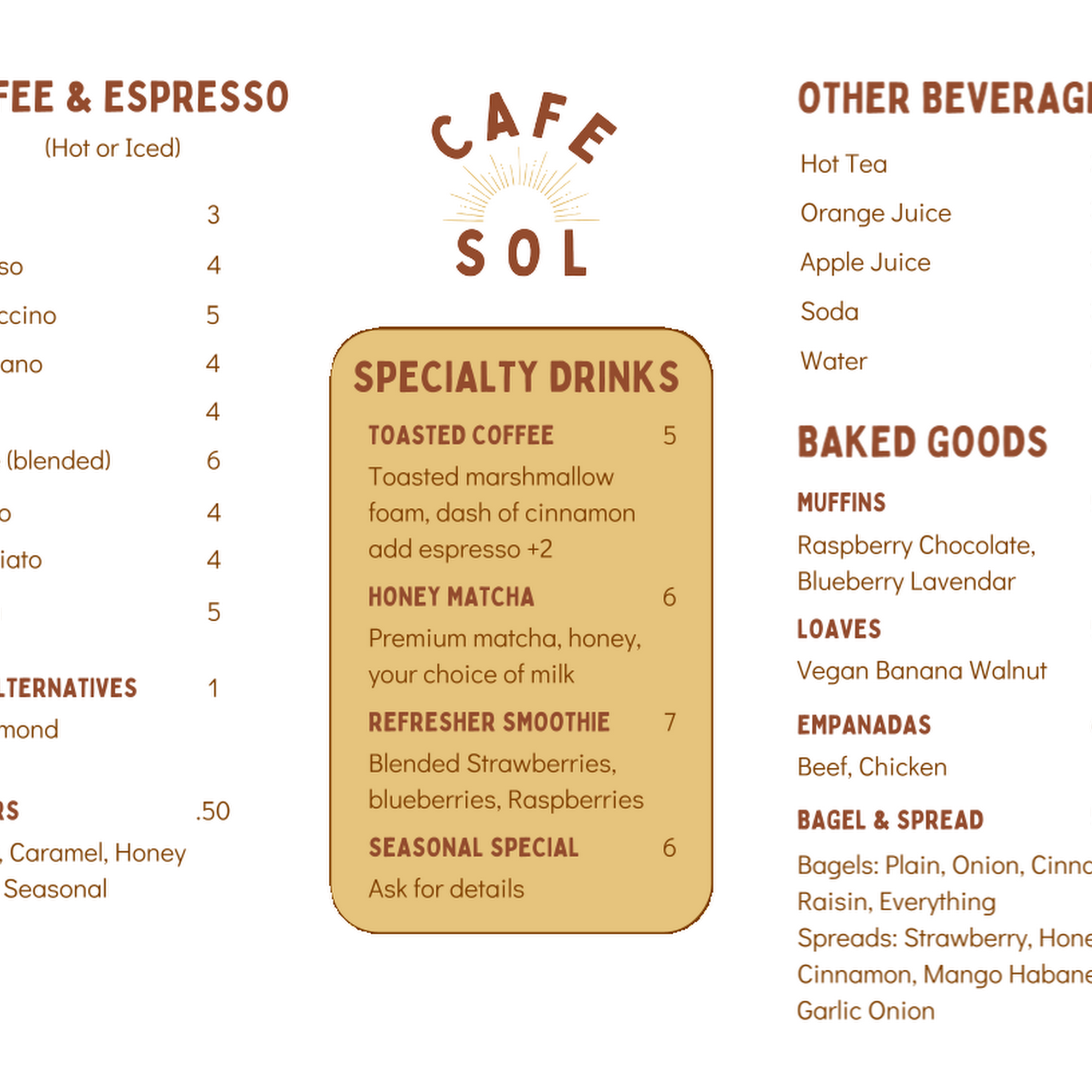 Cafe Sol (formerly East Coffee) Menu