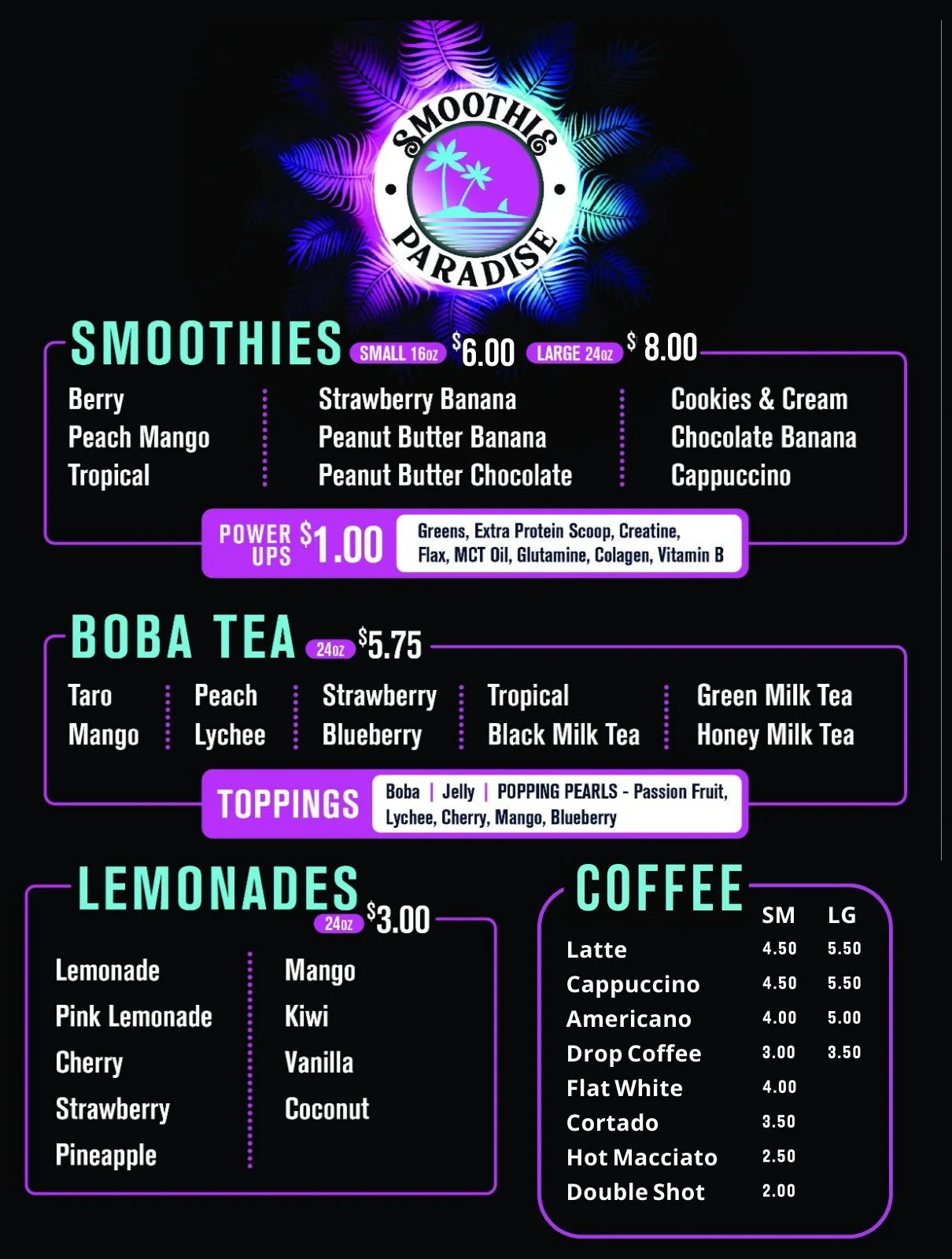 Smoothie Paradise Cafe Menu
