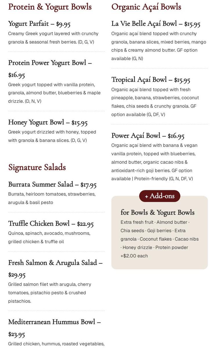 La Vie Belle Café & Cuisine Miami Beach Menu