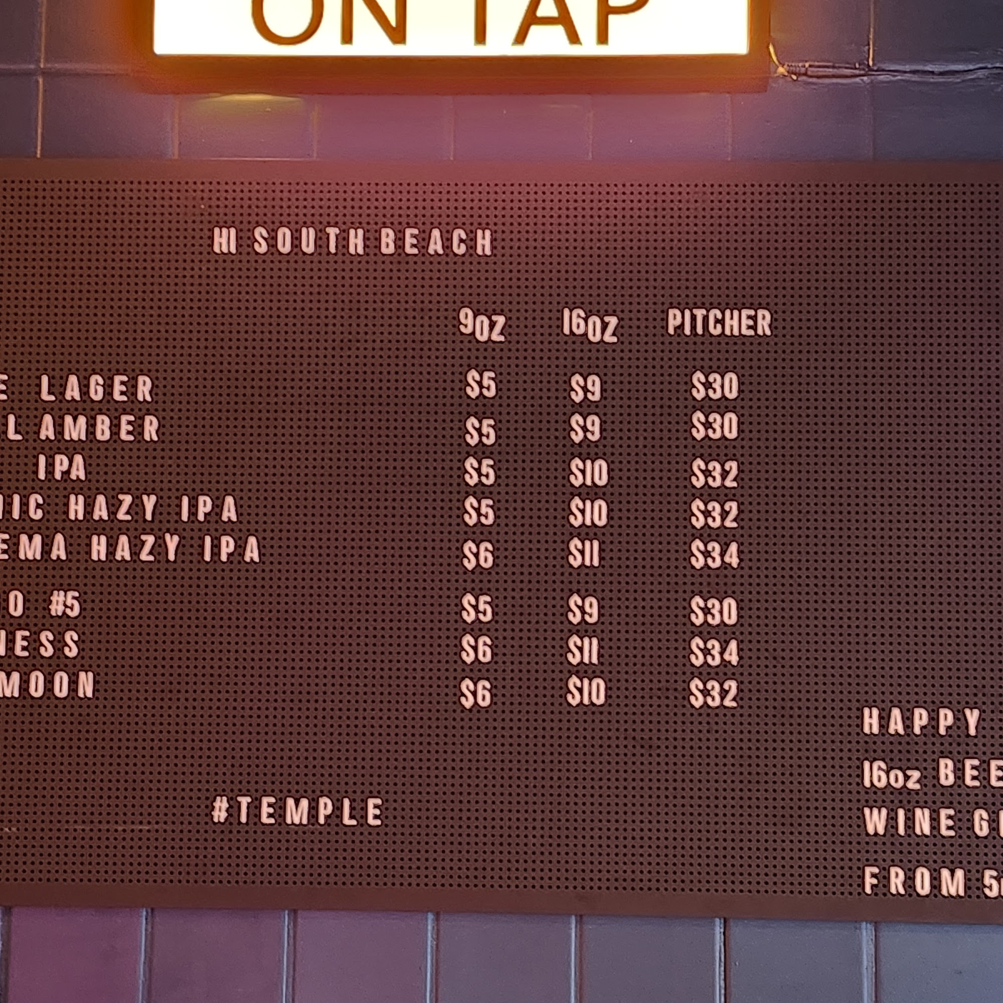 Temple South Beach Menu