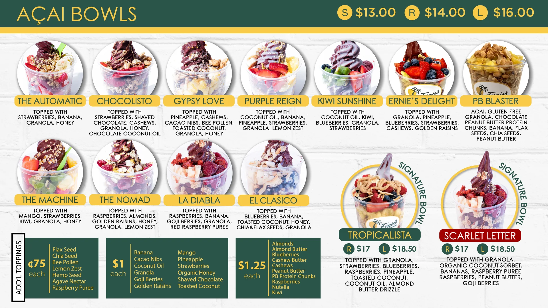 Ernie's Acai Sunset Harbour Menu